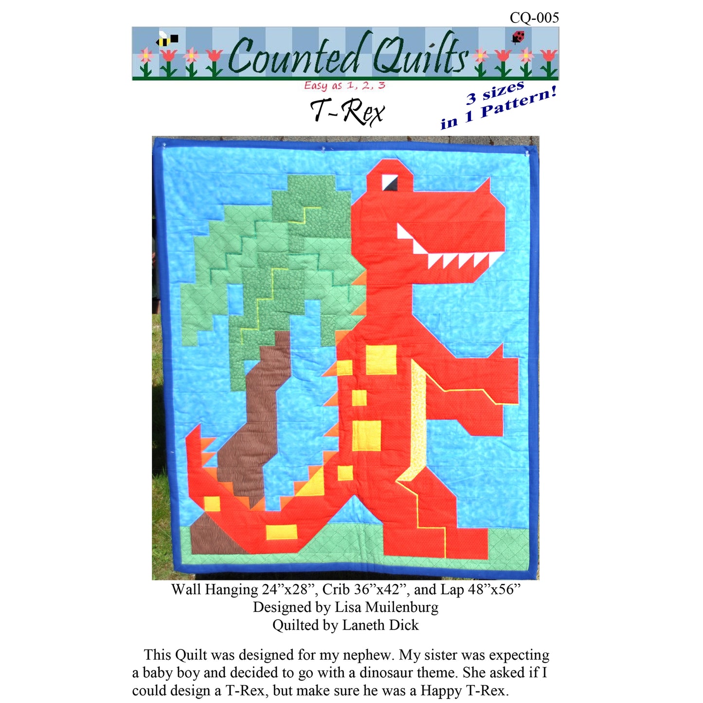 Cover image of pattern for T-rex quilt.