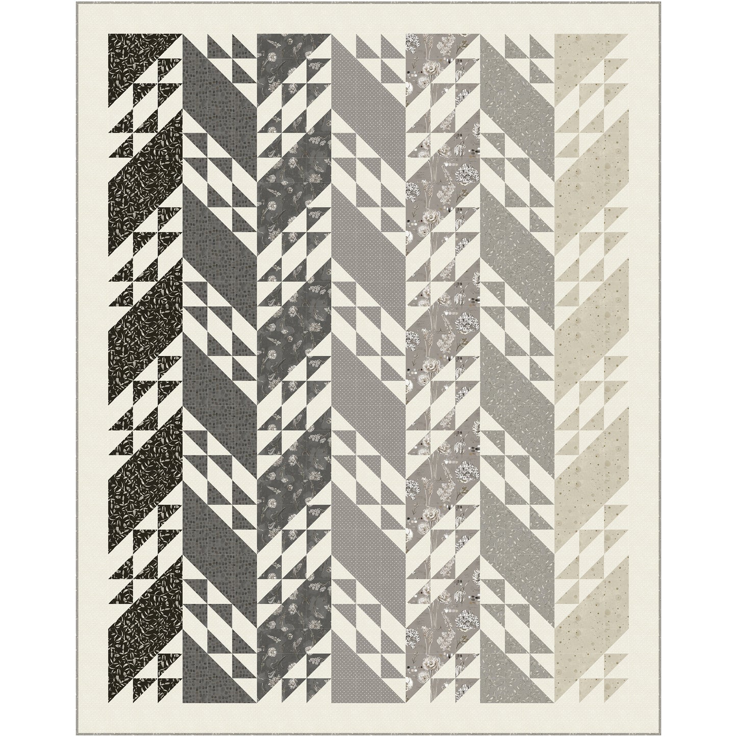 Quilt features rows of solid slanted rectangles and ones filled with triangles. The left rows are darker than the ones on the right.