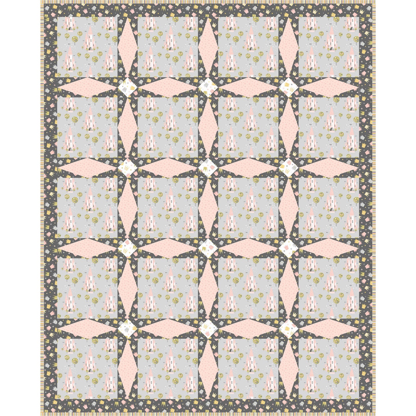 A quilt with alternating pink and gray squares, showcasing a beautiful blend of colors and patterns.