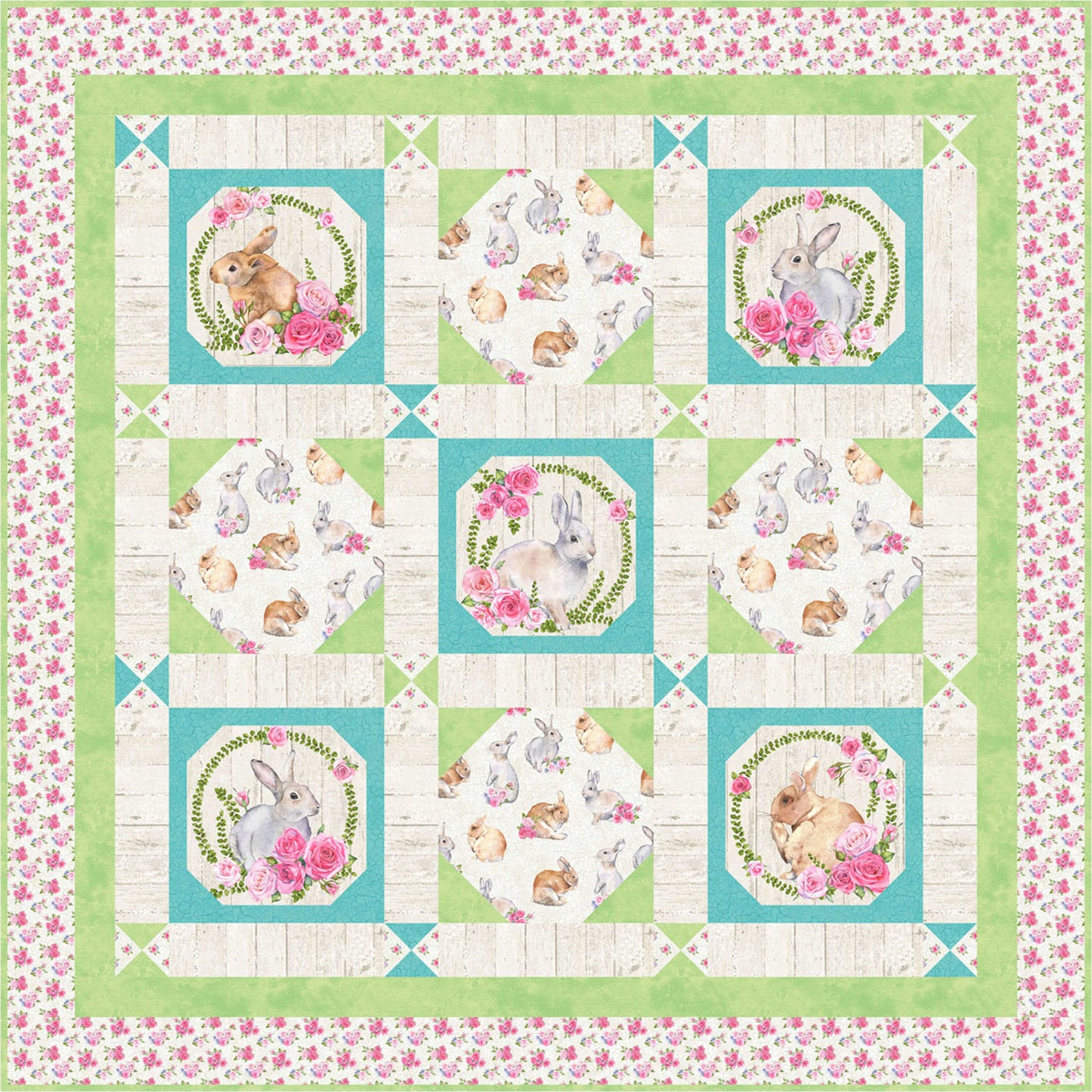 Colorful quilt featuring a cute bunny surrounded by vibrant flowers with frames in green and turquoise.