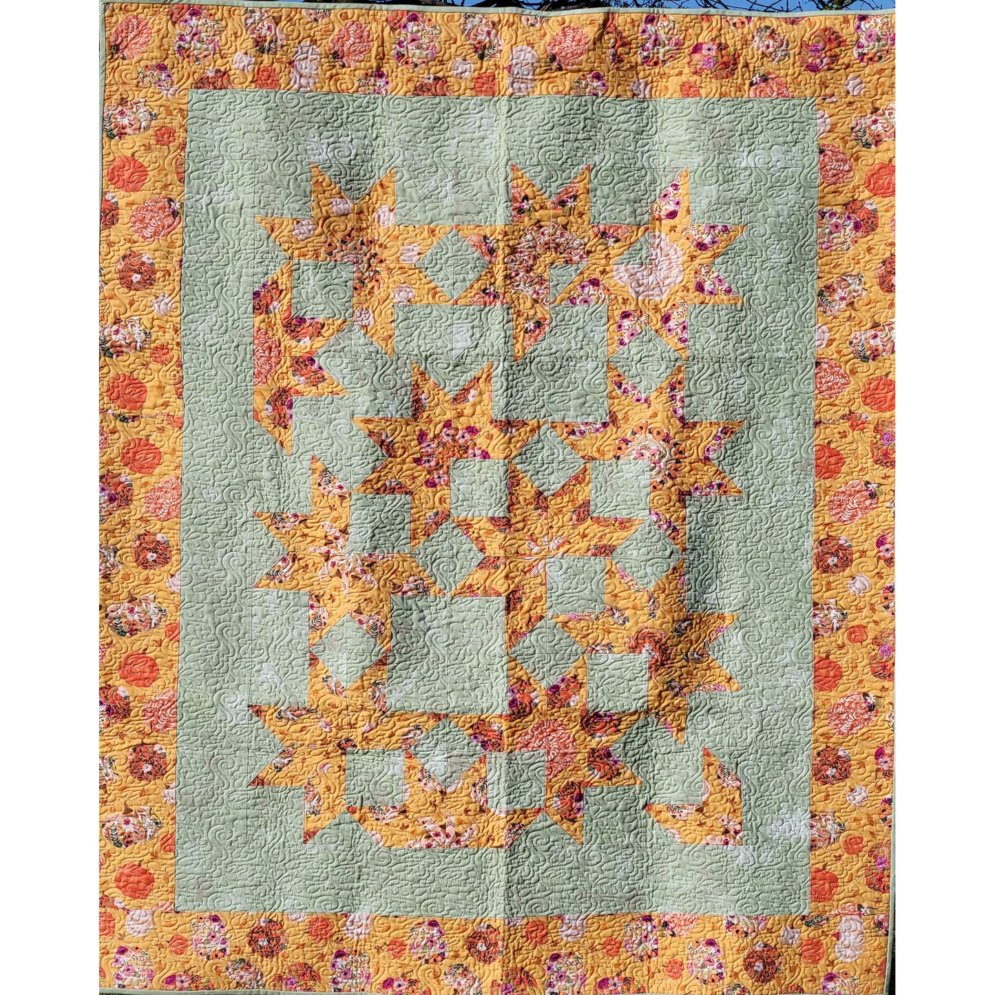 A variation on LeMoyne Star using a kaleidoscope technique. My answer to the problem of using an 8 repeat block when I only had 6 repeats to work with.