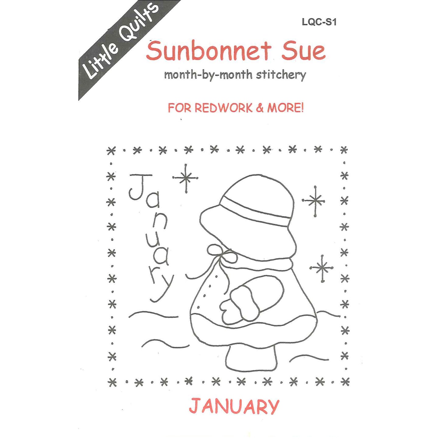 Image of the cover for the Sunbonnet Sue month-by-month stitchery pattern for January by Little Quilts.