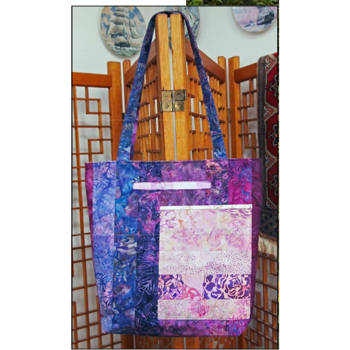 Stripper's 40 tote bag shown in purple fabrics.