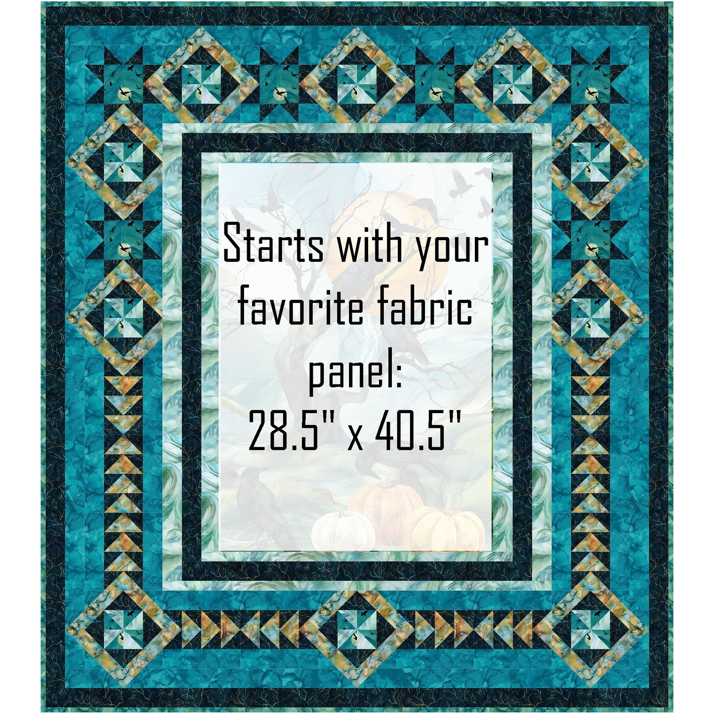 Harvest Moon is a wonderful and fabulous quilt that celebrates the magic of the fall/autumn season with a colorful and spooky center panel. A striking center panel sets the mood, drawing you in with rich color and playful spookiness, while creative surrounding blocks add movement, texture, and visual interest. Center panel has been shaded out to let you see where you can add your own fabric panel. Panel size is 28 and a half inches by 40 and a half inches.