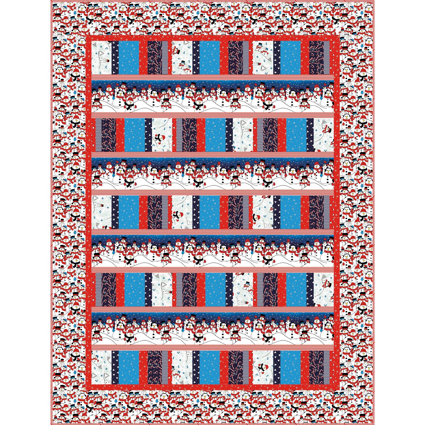 Quilt with a pattern of blue, red, and white rectangles on a white background
