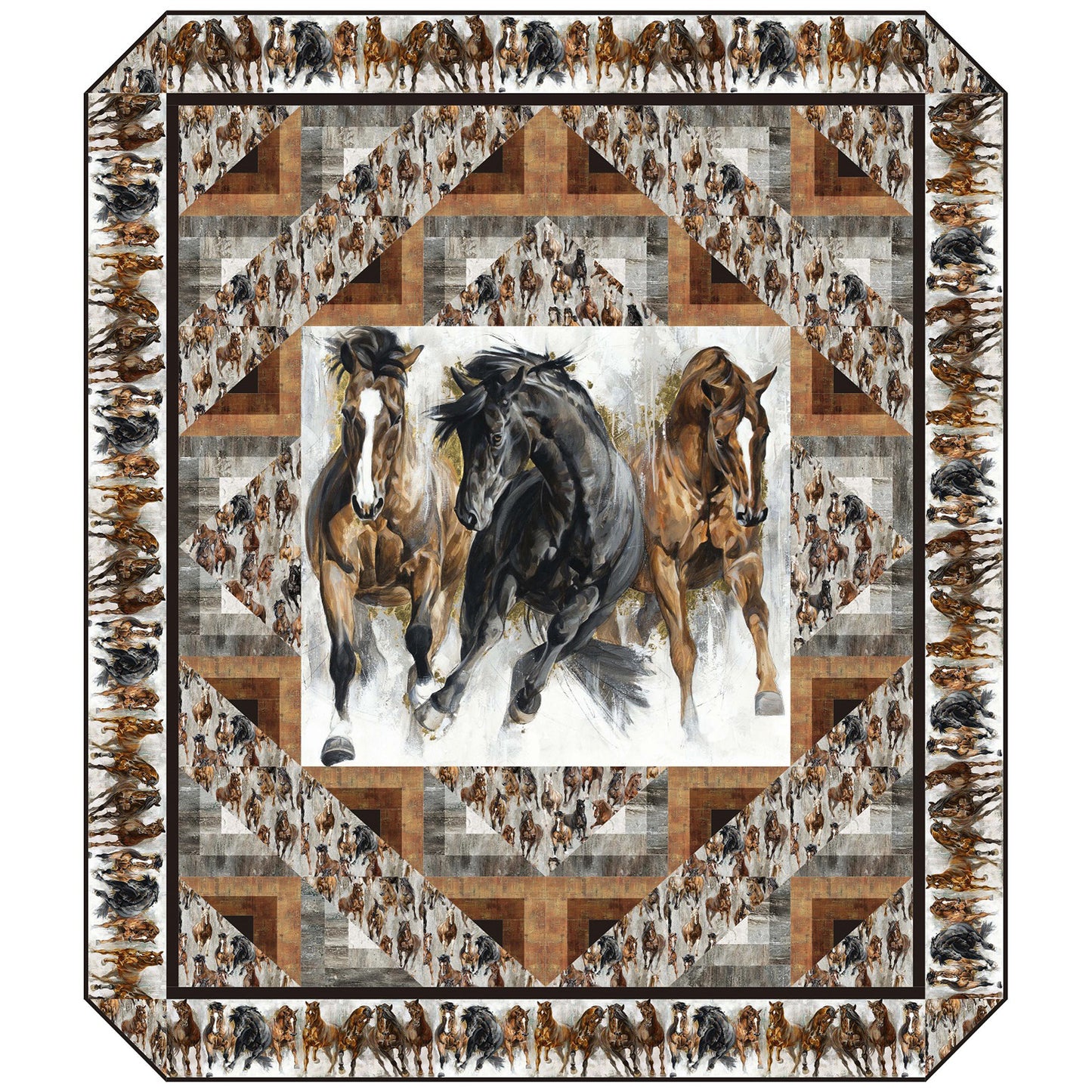 Quilt with horse designs in a geometric pattern