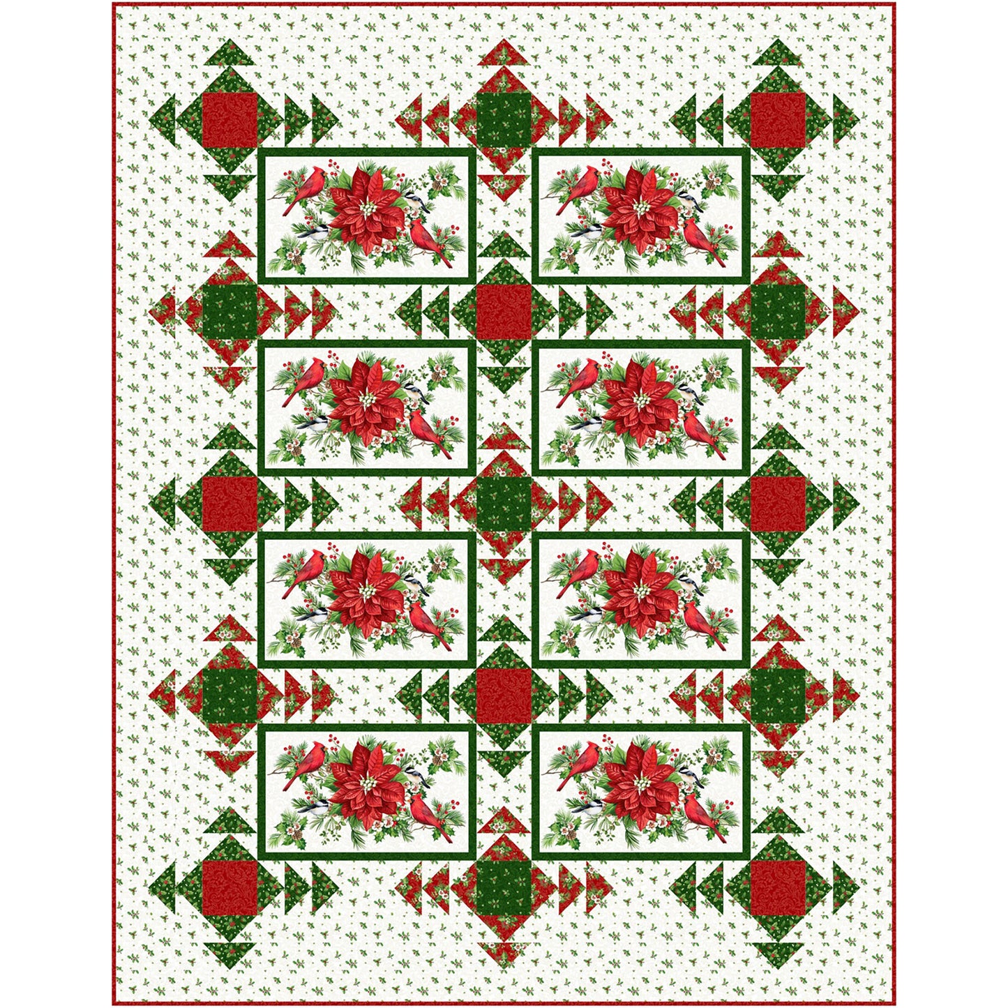 Twin-sized quilt with Christmas colored fabric and poinsettias and fun radiating squares.