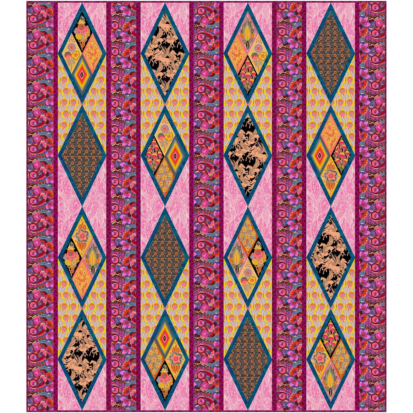 Quilt features rows of diamond blocks with a few with four additional diamonds inside the diamond.