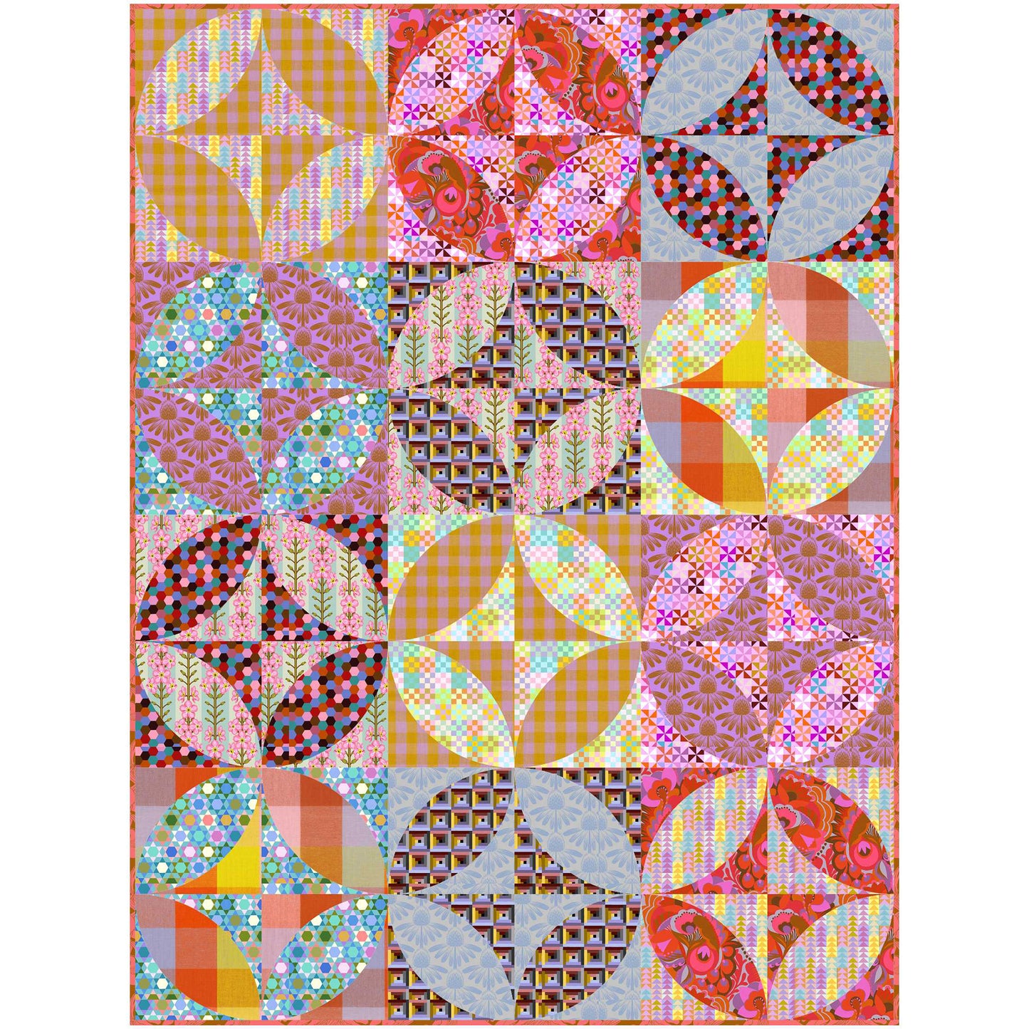 Fun quilt features colorful blocks of fabric with a circle and hour glass design for each.