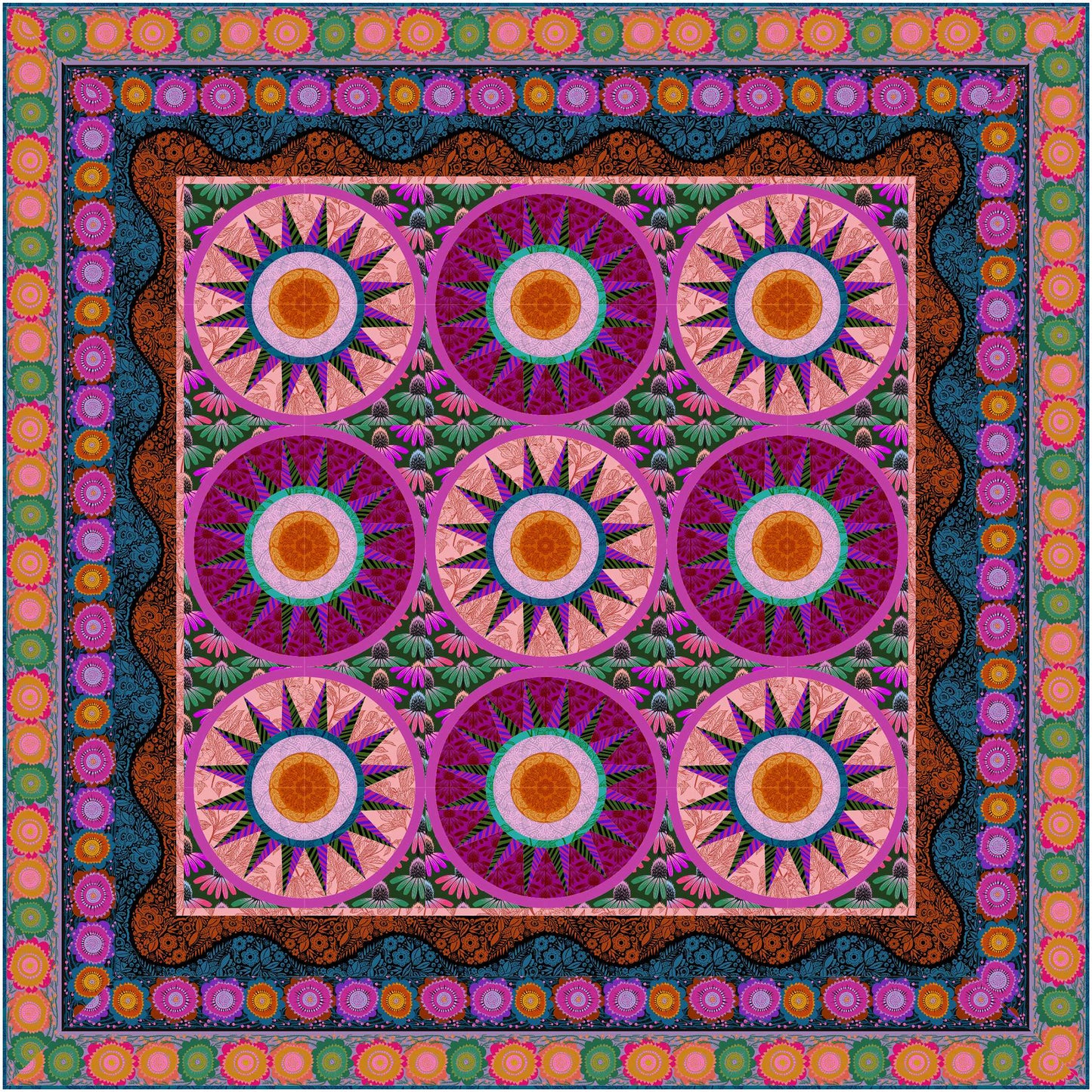Circular medallion design quilt with bright colored stars or suns.