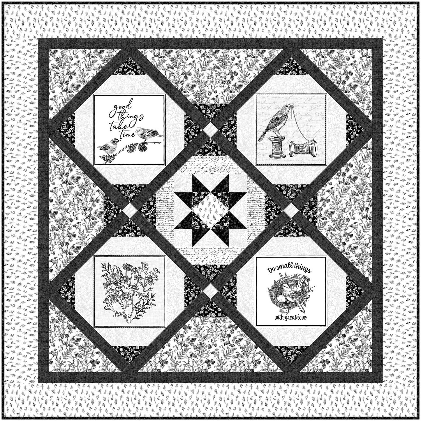 Fun black and white quilt features star block in the middle with black and white designs on other 4 diamonds.