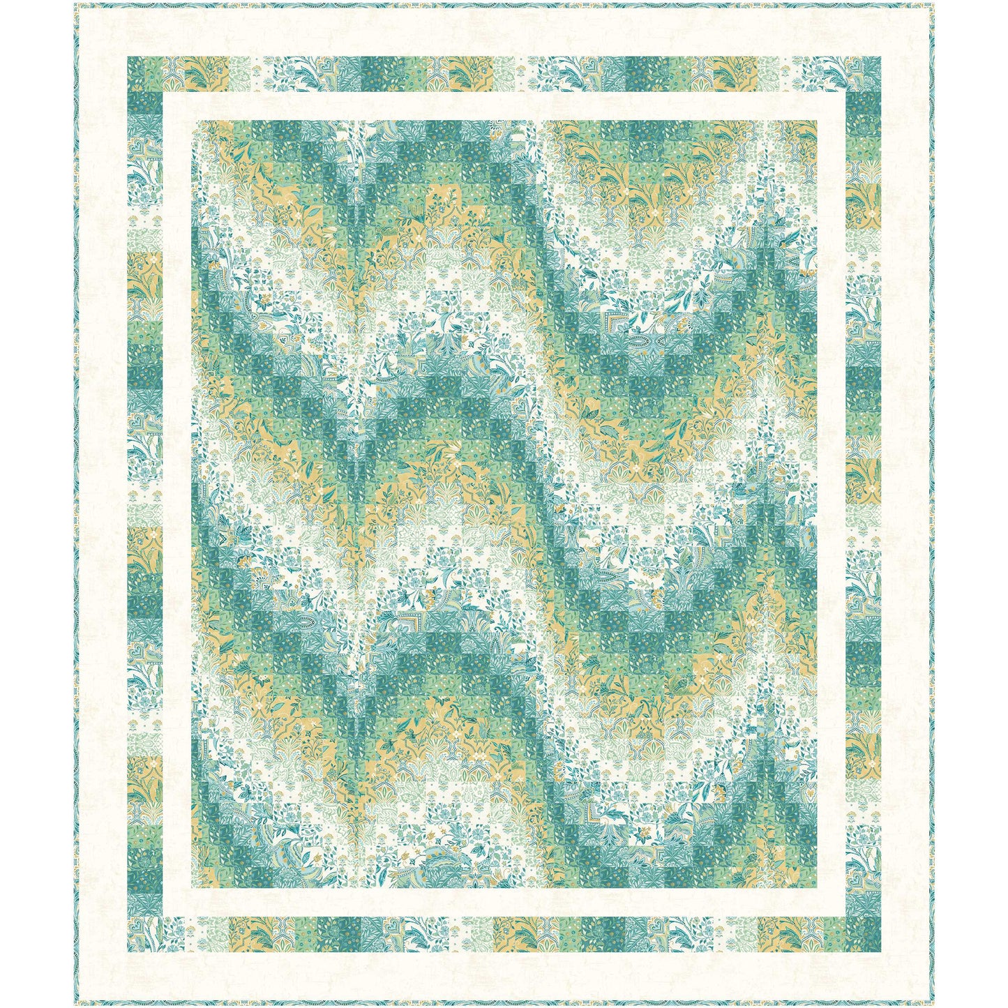 Fun wavy, bargello quilt in cream, blue/green and yellow with a cream double border.