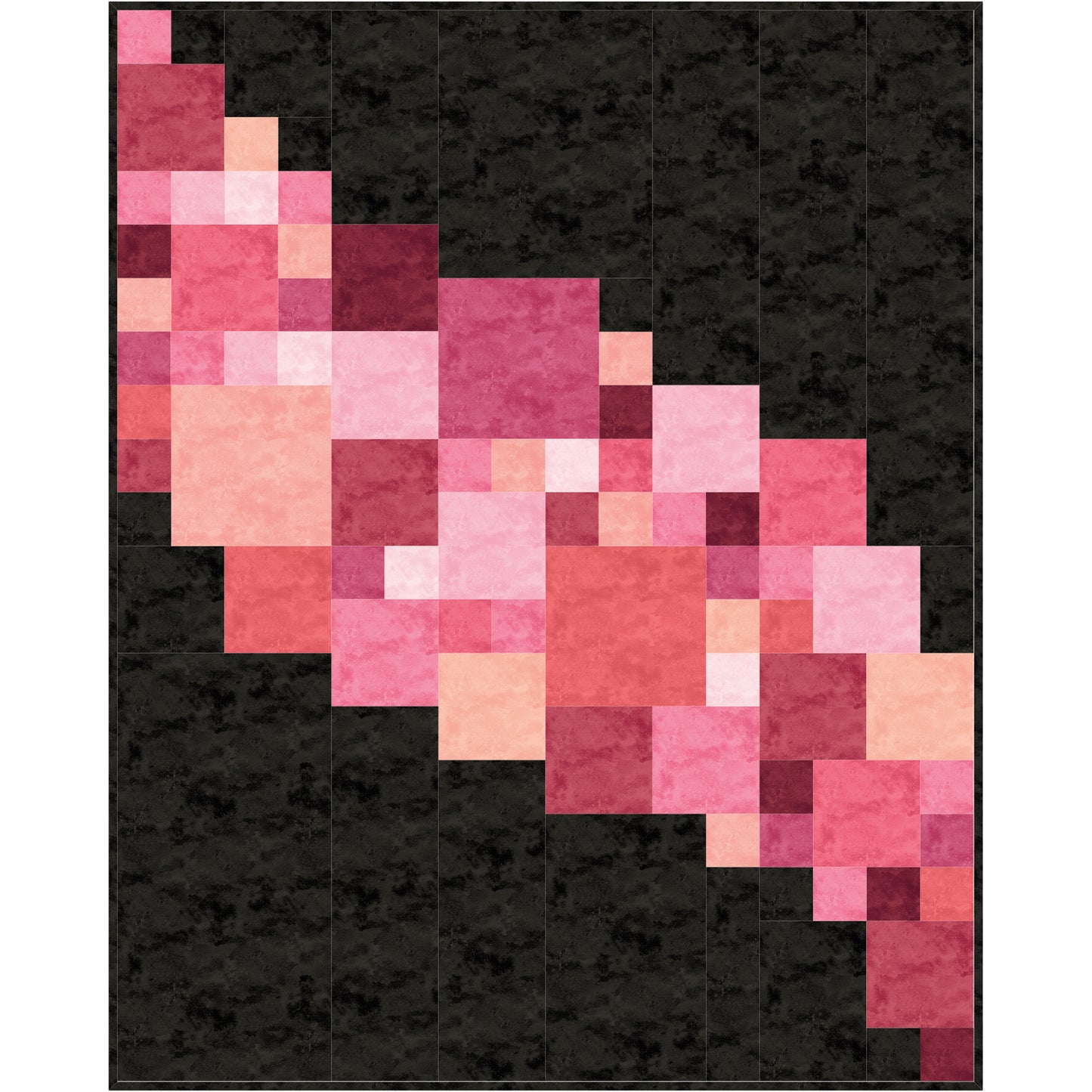 A colorful quilt with pink squares on black background.