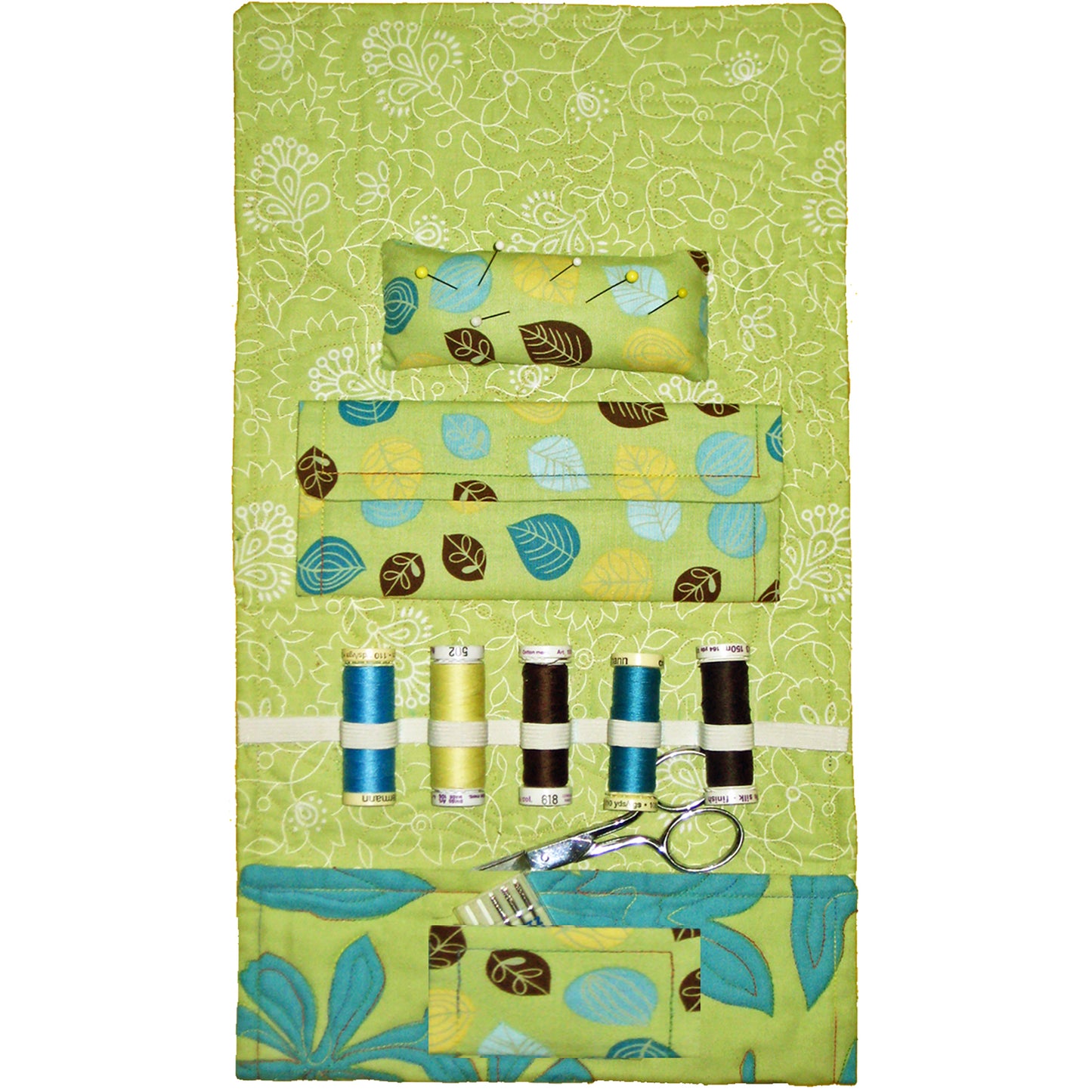 Roll & Go Sewing Organizer shown unrolled, so you can see how it is the perfect organizer for needles, pins, thread and scissors.