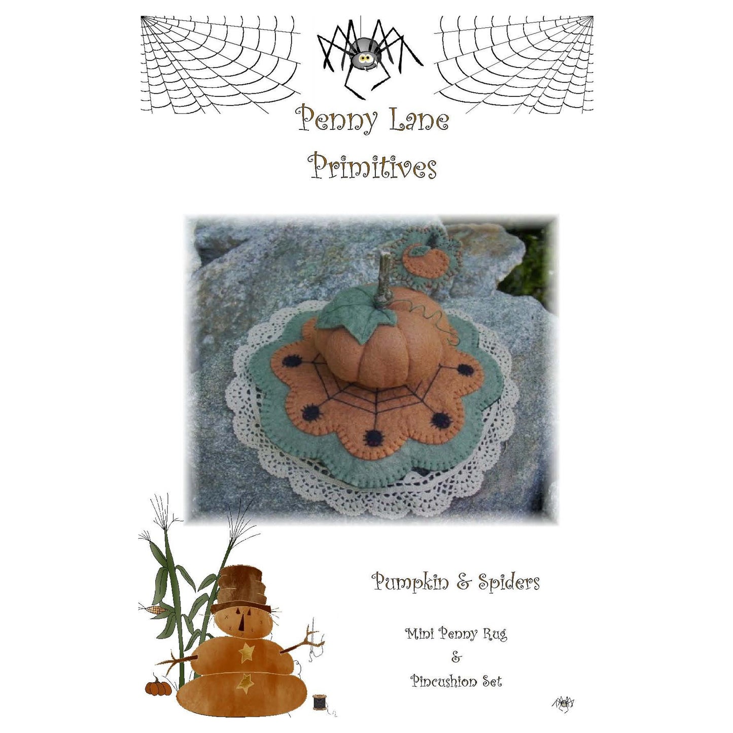 Pumpkin & Spiders Pincushion and Mini Penny Rug PLP-106e - Downloadable Pattern