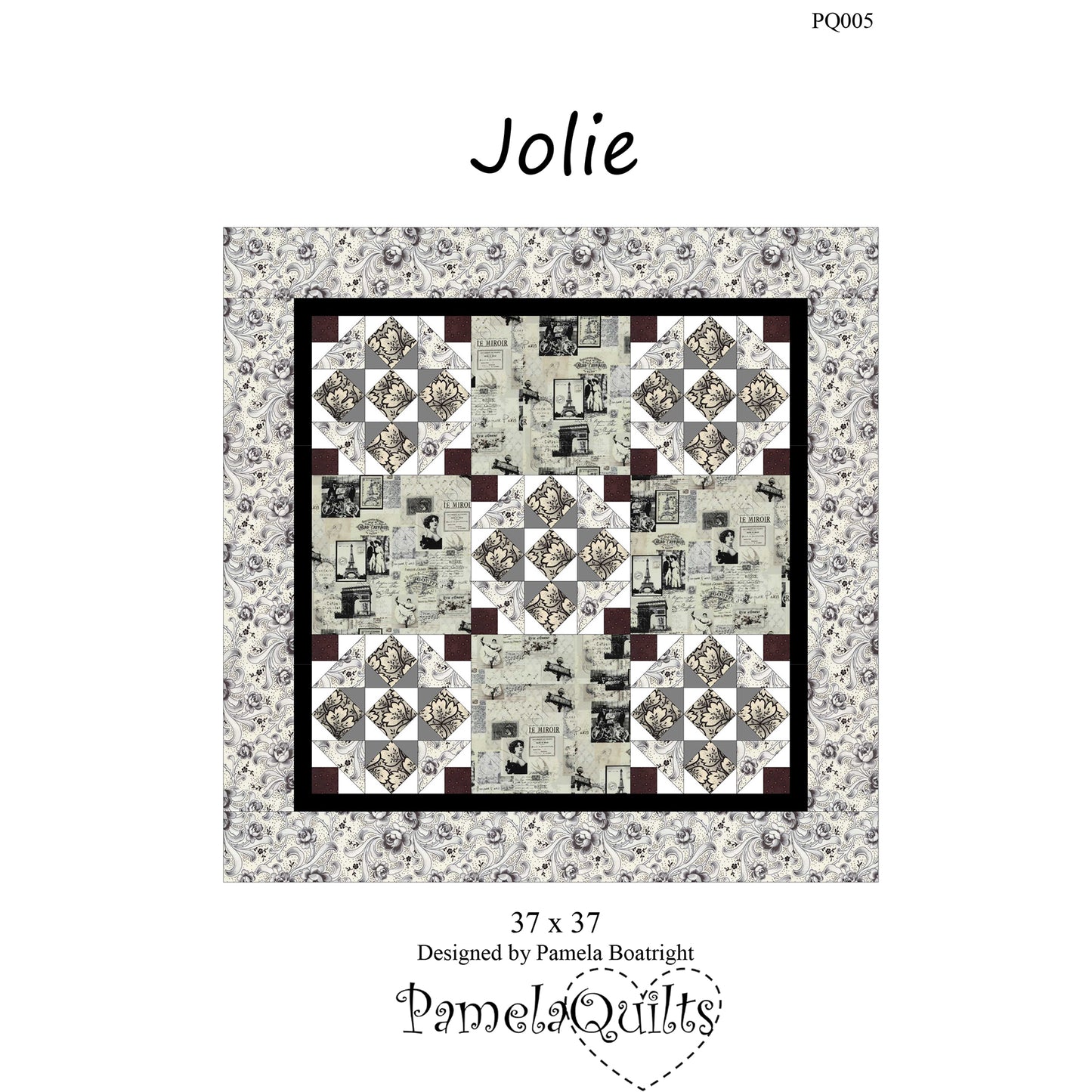Quilt pattern cover titled 'Jolie' by Pamela Boatright with quilt design and size information.