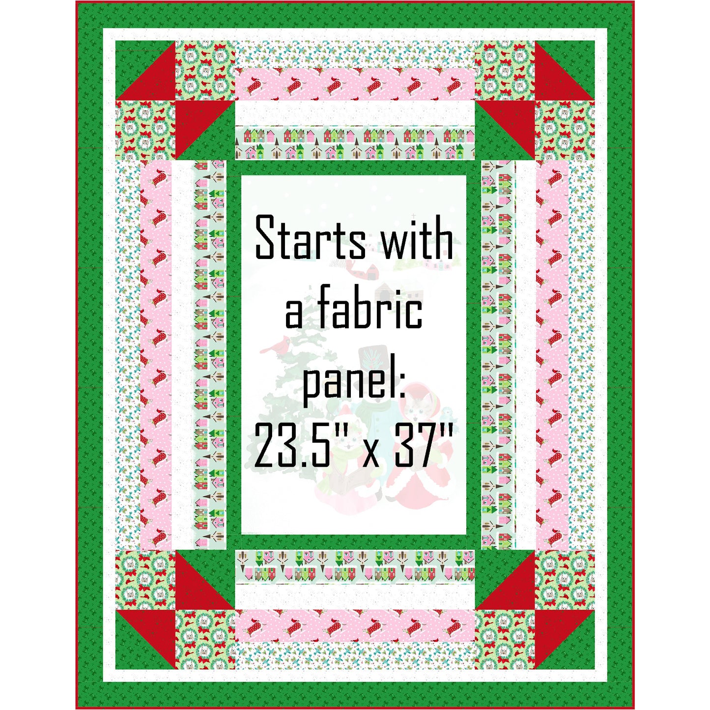 Joyful Meows quilt features cats singing Christmas Carols in the Snow. Multiple borders help add interest to the quilt. Middle, where the panel is put, is shaded to show where you can add your own panel with a size of 23 1/2 inches by 37 inches.