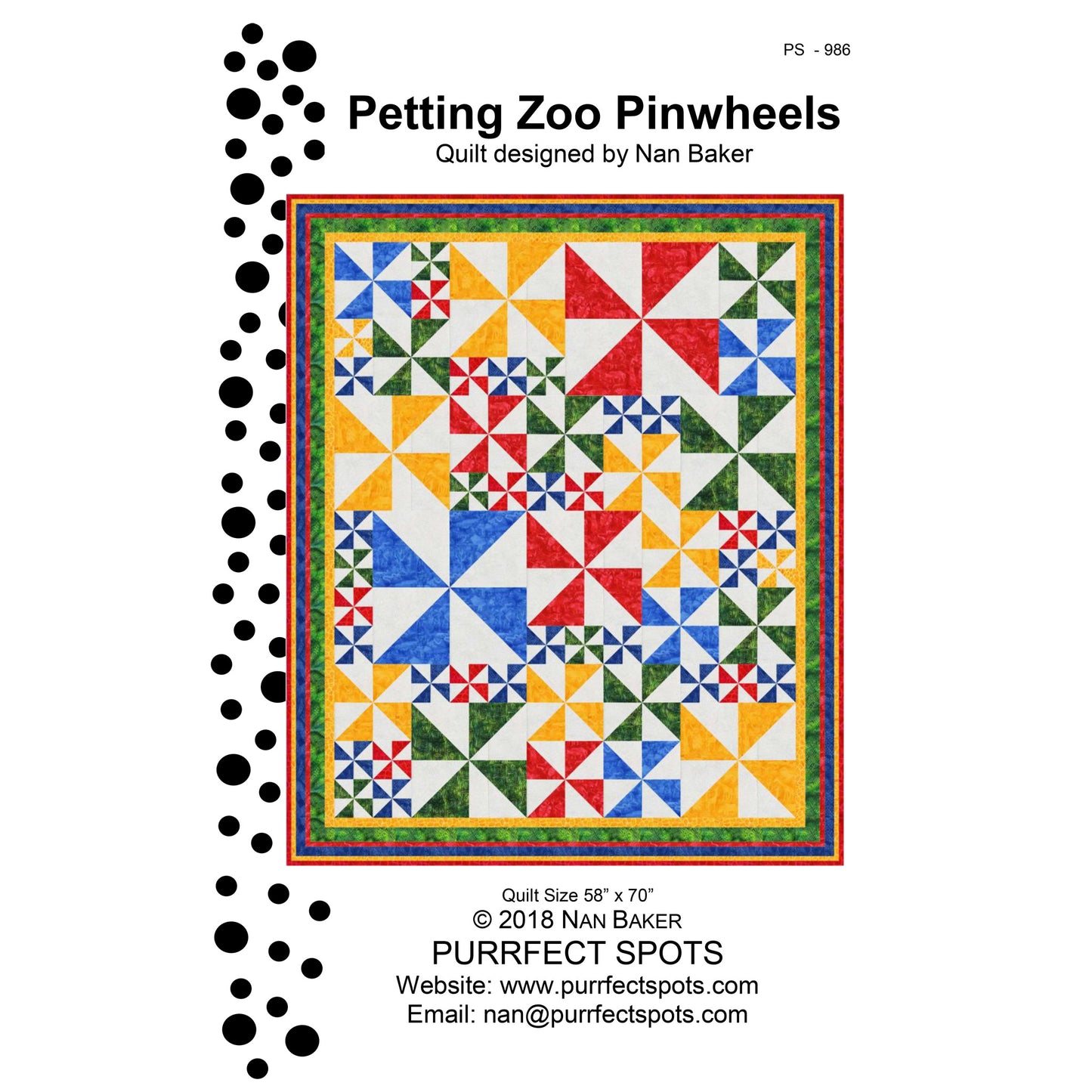 Image of the front cover of the Petting Zoo Pinwheels quilt pattern by Nan Baker of Purrfect Spots.
