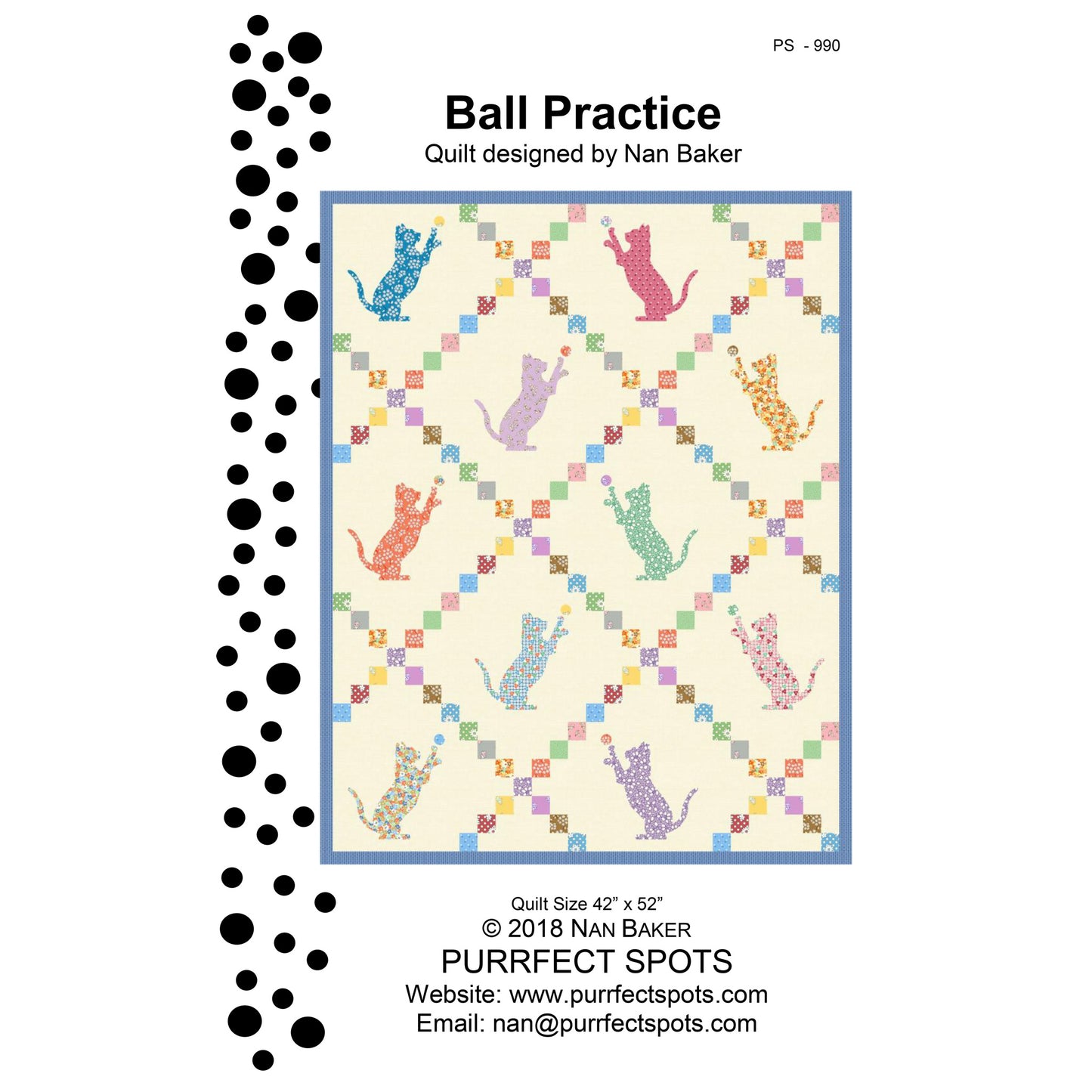 Image of the front cover of the Ball Practice quilt pattern by Nan Baker of Purrfect Spots.