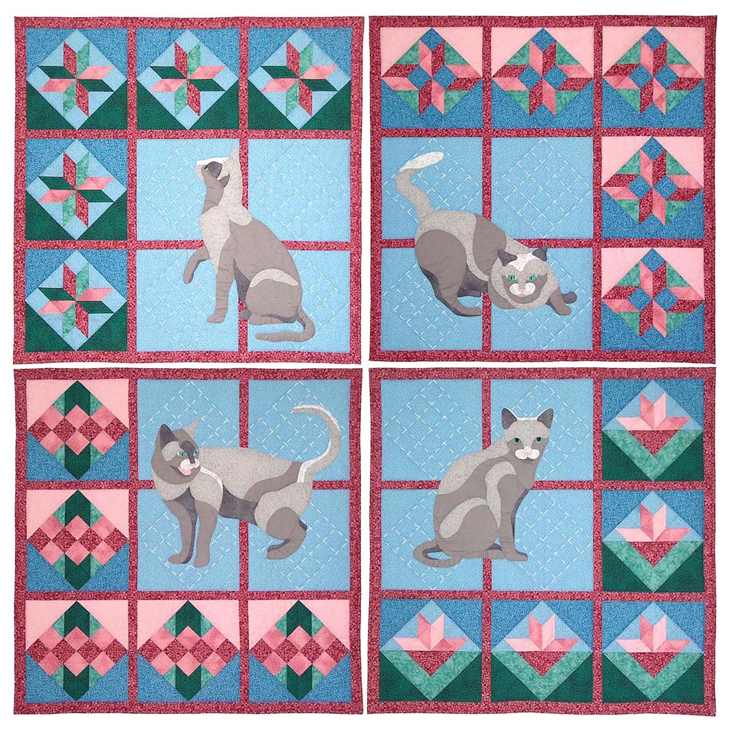 Showing all four quilt patterns as one quilt: Stargazer kitty is in the top left. Then there are three other cat patterns that make up this one quilt: Kitty at Play (this pattern/top right), Crossroads Kitty (bottom left) and Kitty in Bloom (bottom right). Each piece of the quilt features a cat and a different quilt block to make this a fun quilt for all cat and quilt lovers.