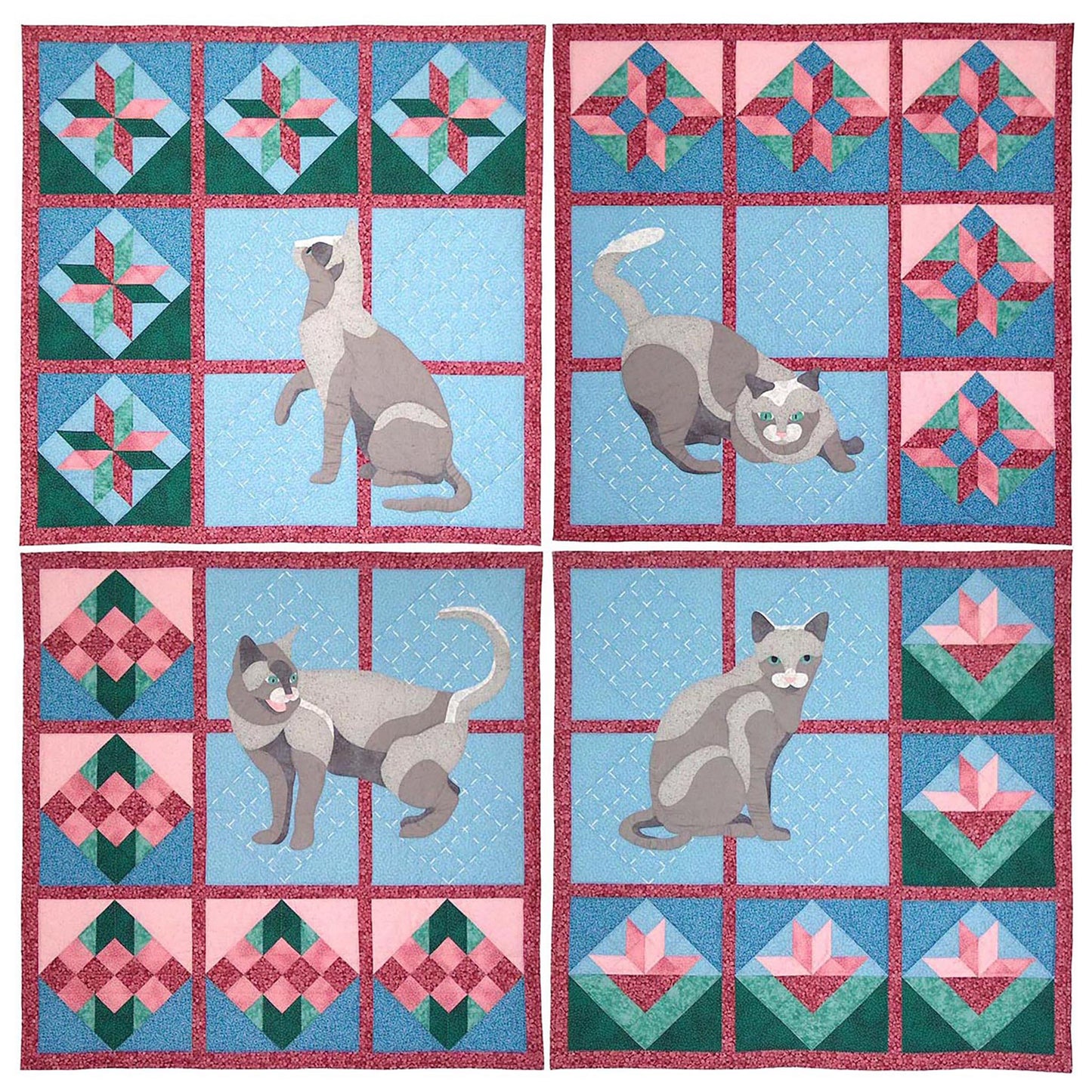 Showing all four quilt patterns as one quilt: Stargazer kitty is in the top left. Then there are three other cat patterns that make up this one quilt: Kitty at Play (top right), Crossroads Kitty (bottom left) and Kitty in Bloom (this pattern/bottom right). Each piece of the quilt features a cat and a different quilt block to make this a fun quilt for all cat and quilt lovers.