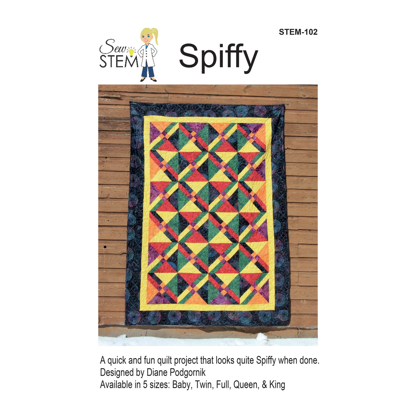 Colorful quilt with geometric pattern on a wooden floor, featuring 'Sew STEM' logo.