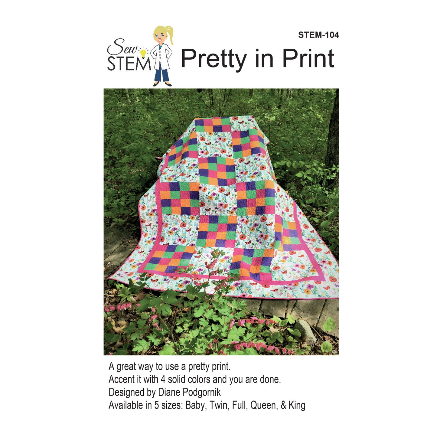 Quilt with colorful pattern on a white background, featuring branding and product details.