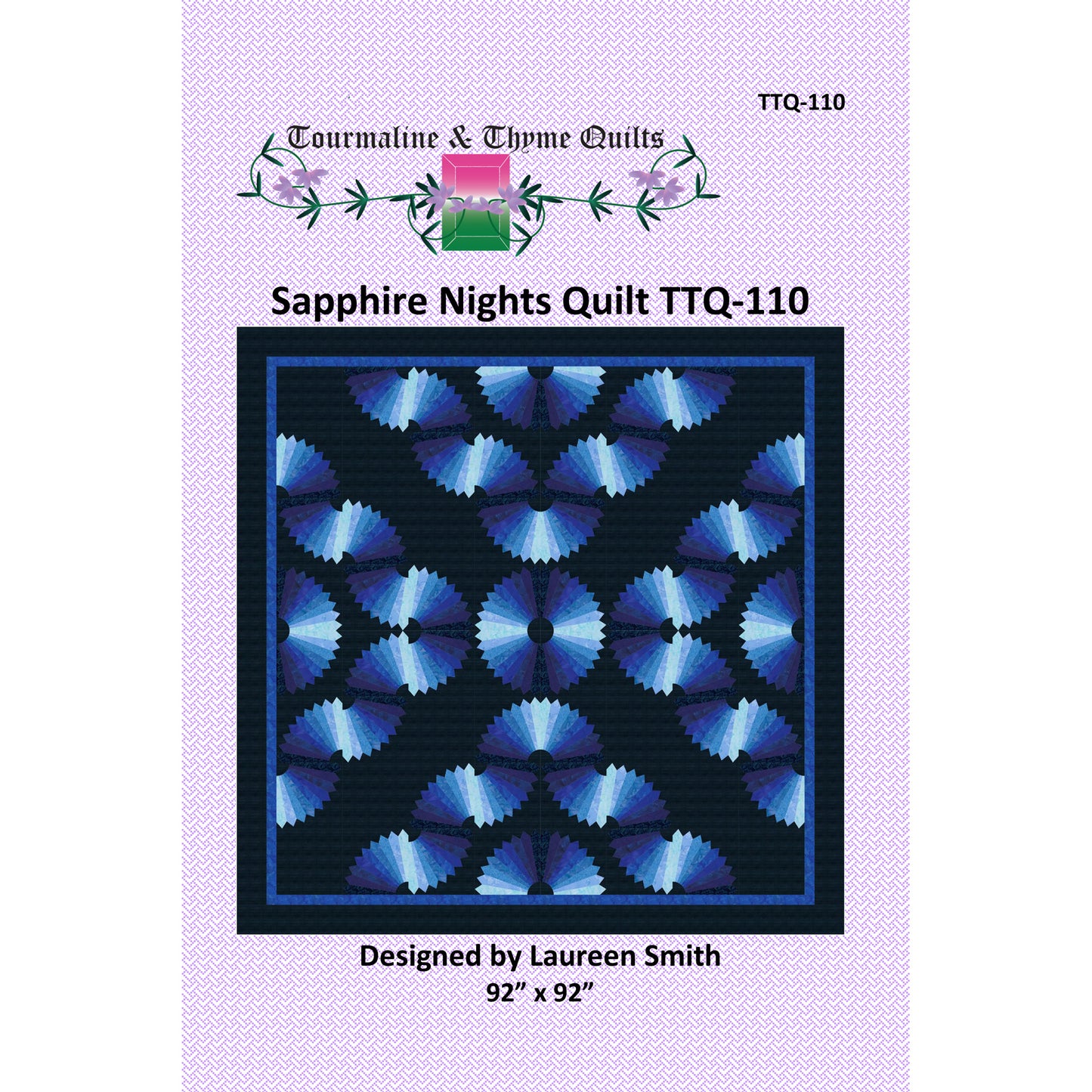 Quilt pattern packaging for 'Sapphire Nights' quilt by Tourmaline & Thyme Quilts with blue geometric design on a purple background.