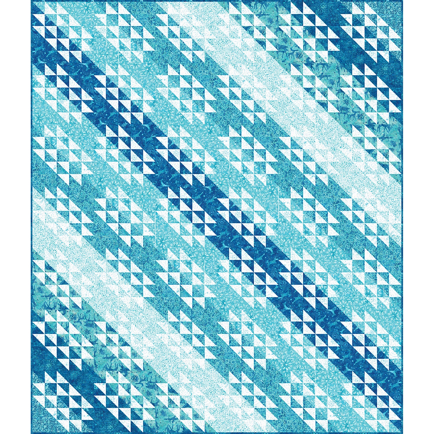 Lovely blues and white quilt with a bright color and triangles of white which could look like snow or frost.