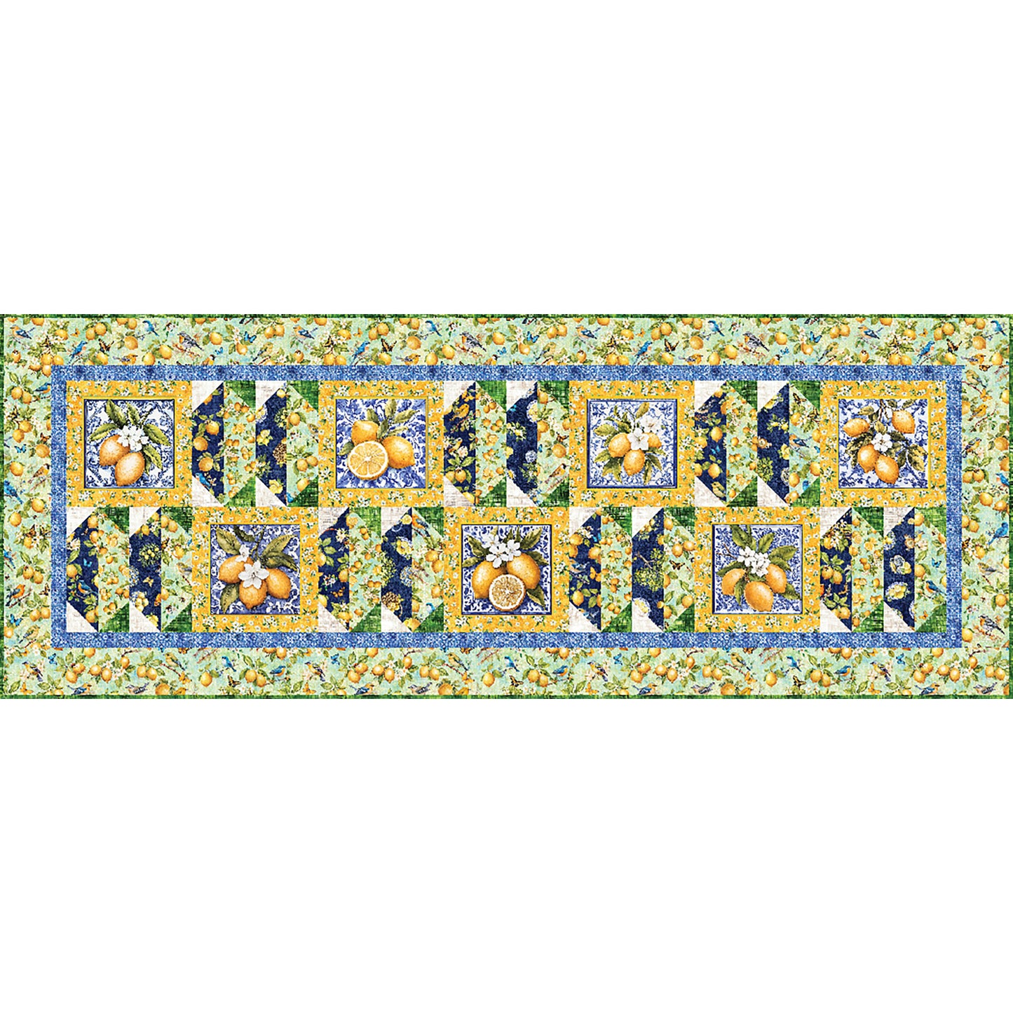 Splash of Lemon Quilted Table Set features lemon fabric and fun shapes using matching fabric. This is a close up of the table runner.