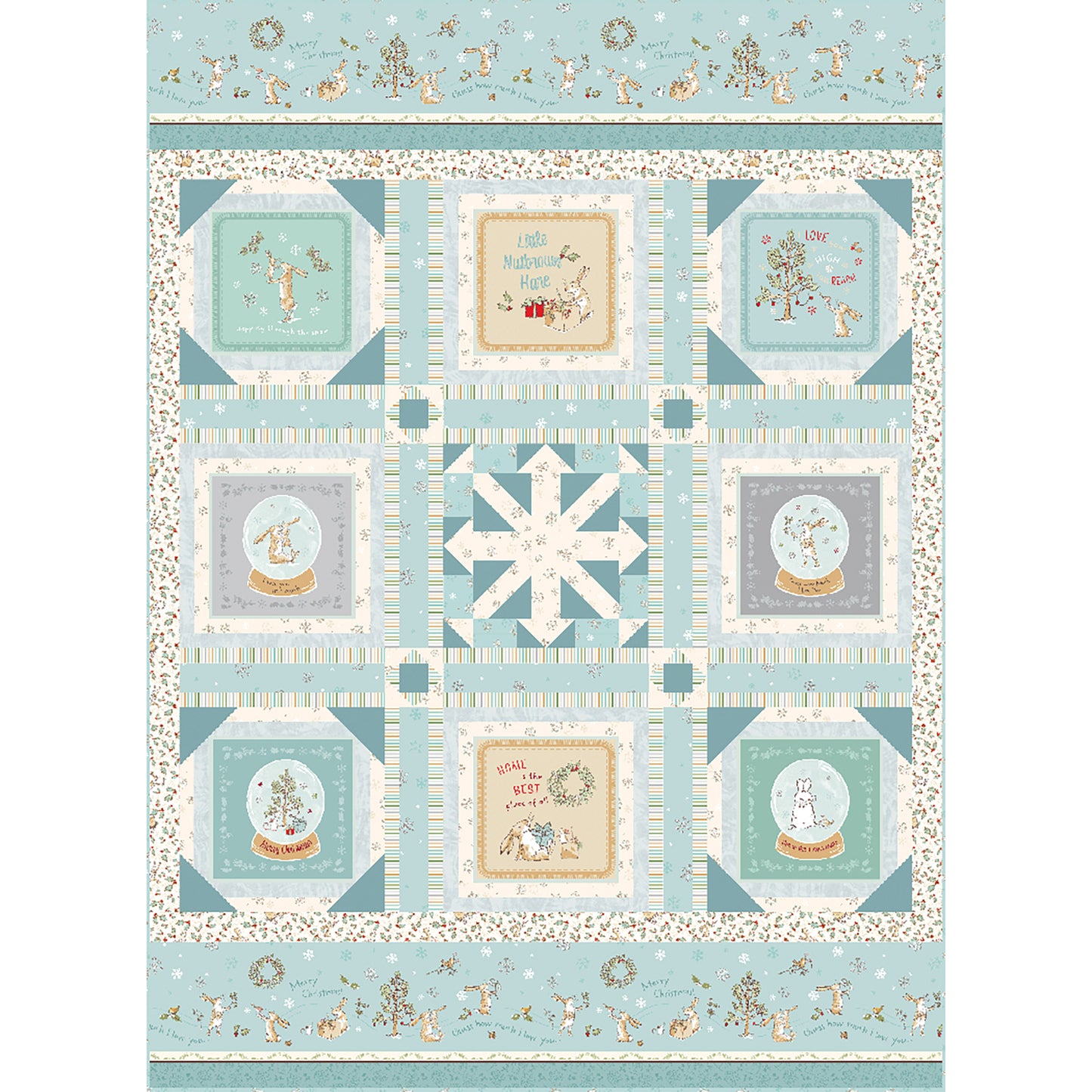Quilt features eight blocks from a panel and snowflake block in the middle and matching fabric to put it all together. This option shows snowglobes and winter pastel blue and green fabric.