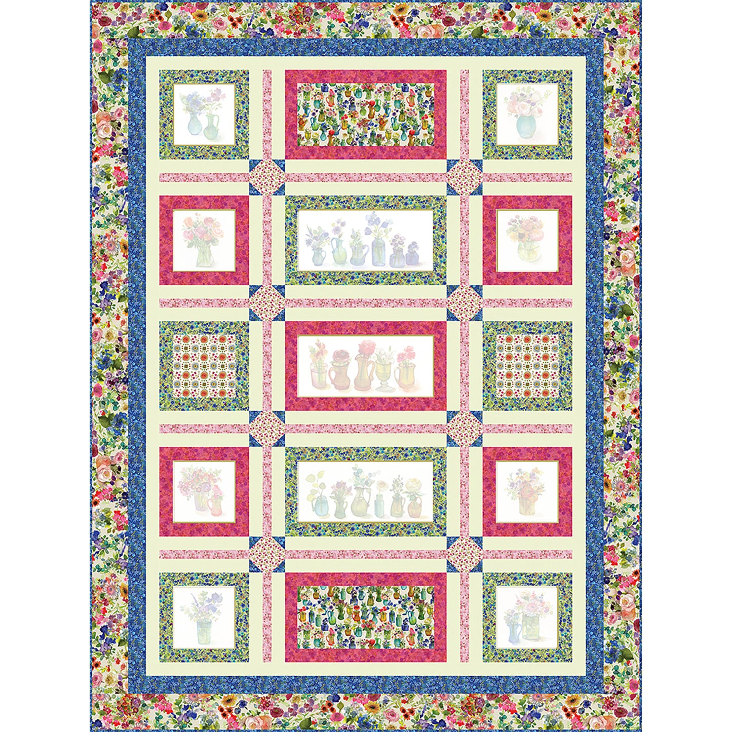 Window Blooms Quilt is a fun way to showcase panel blocks and/or focus fabrics. Fabric shown includes rows or single vases of flowers alternating with fabric of flowers. The closer printed fabric is obviously your choice of matching fabric, but the vases blocks are shaded to show where you would put your own fabric blocks.