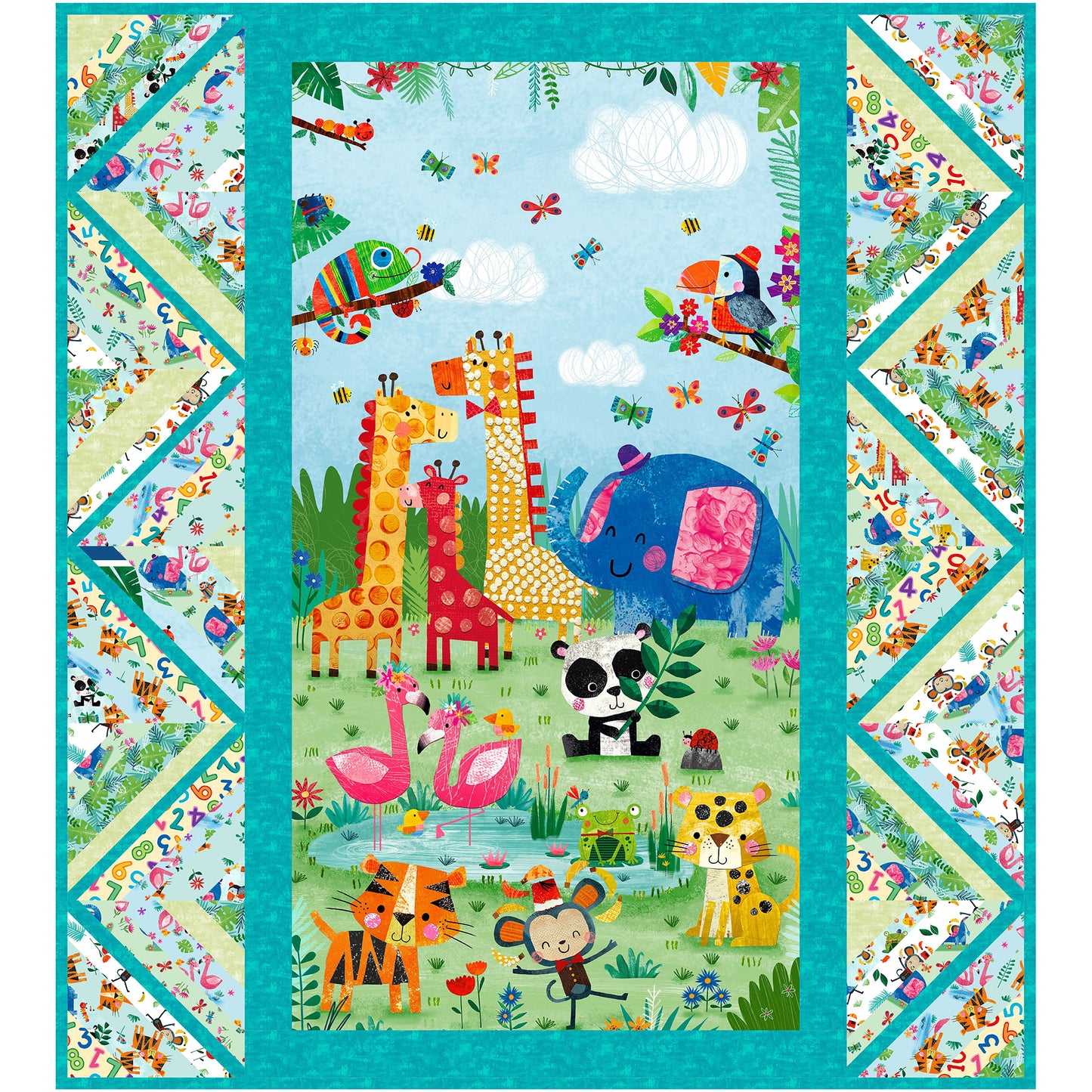 Adorable quilt features an artistic panel of jungle animals with cute hats and bright colors. The sides have fun zig-zag pattern with simliar fabric.