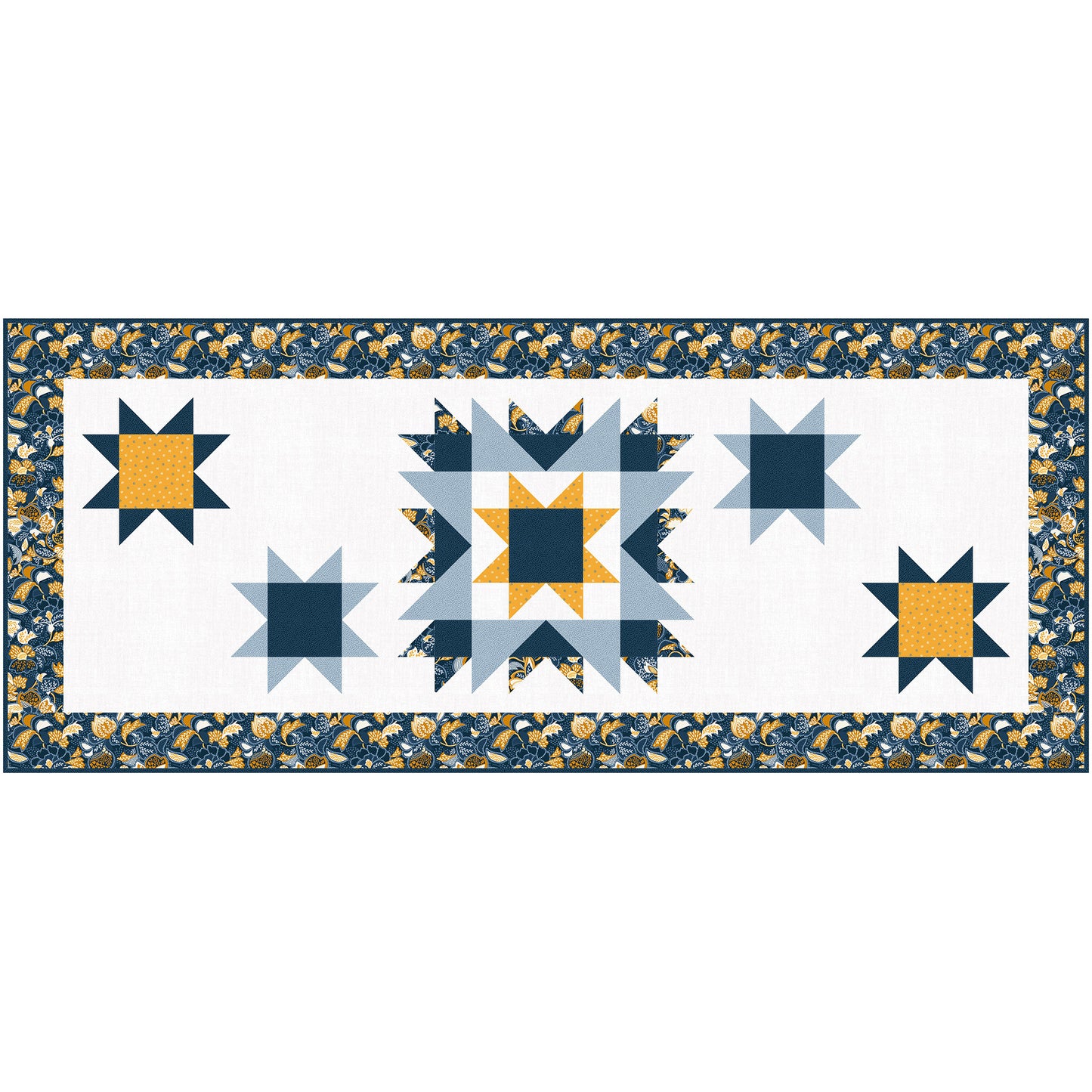 Table runner features a bursting star in the middle with smaller stars on the right and left in blue and yellow.