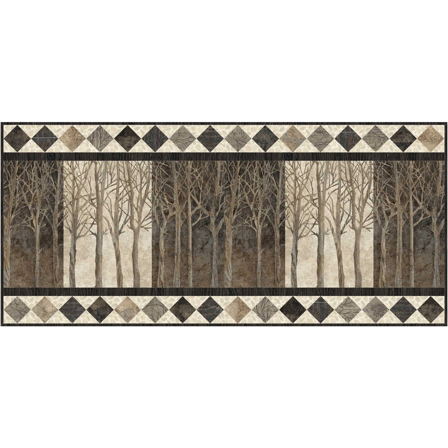 Quilted bed runner with forest design and diamond pattern border on a white background.