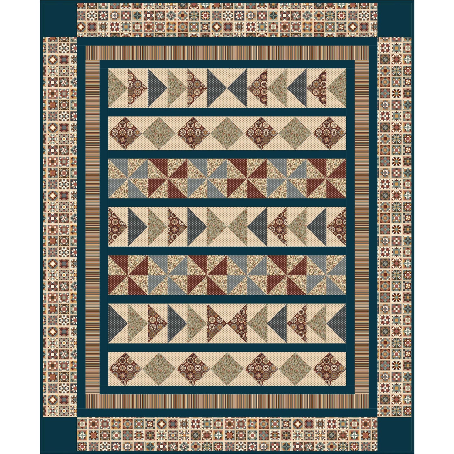 Quilt with geometric pattern on a blue background