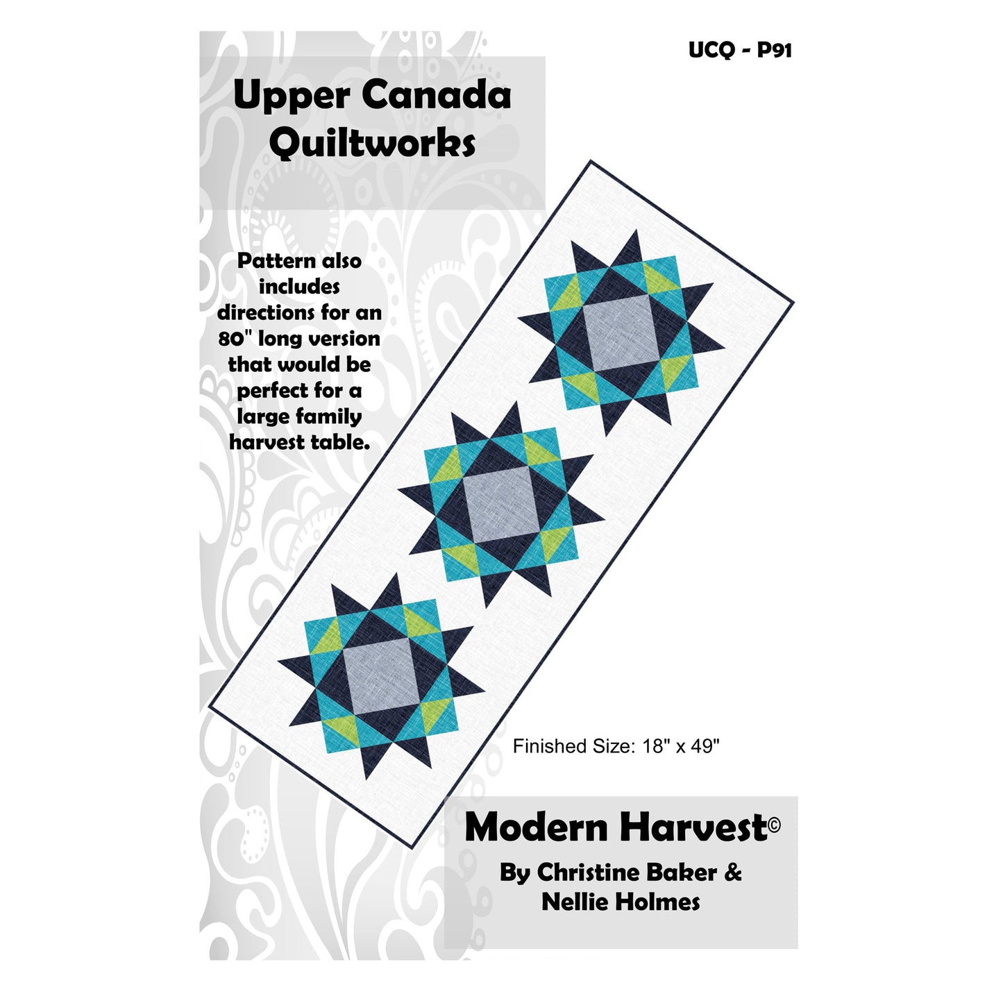 Quilt pattern packaging for 'Modern Harvest' by Upper Canada Quiltworks with quilt design and dimensions.