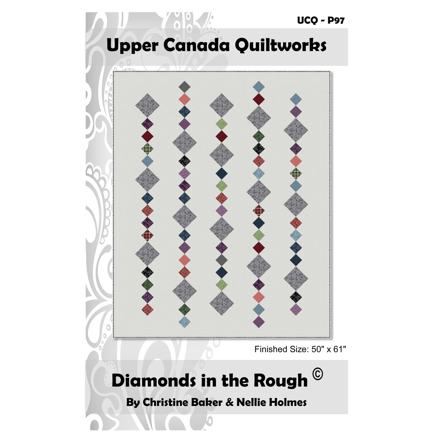 Quilt pattern cover for 'Diamonds in the Rough' by Upper Canada Quiltworks with quilt design and dimensions.