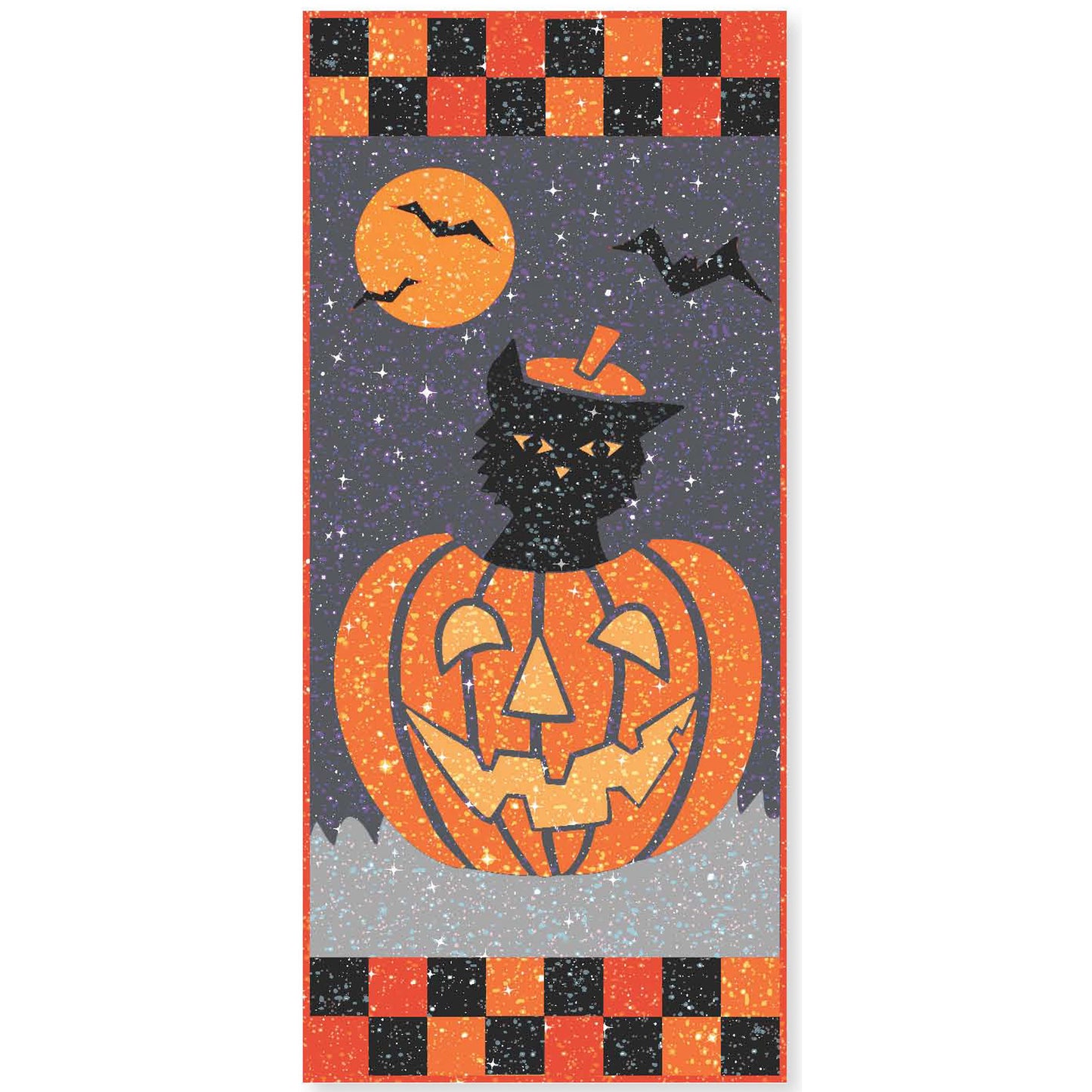 Halloween cat in a pumpkin wall hanging.