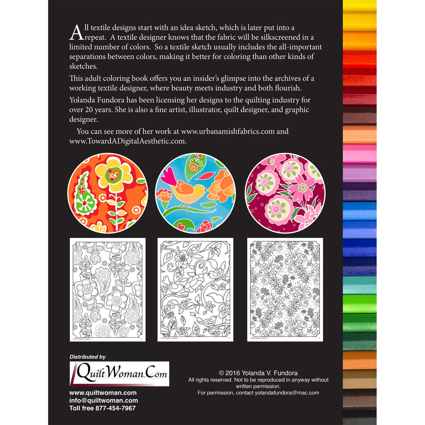 Back cover of the A Textile Designer's Sketchbook coloring book.