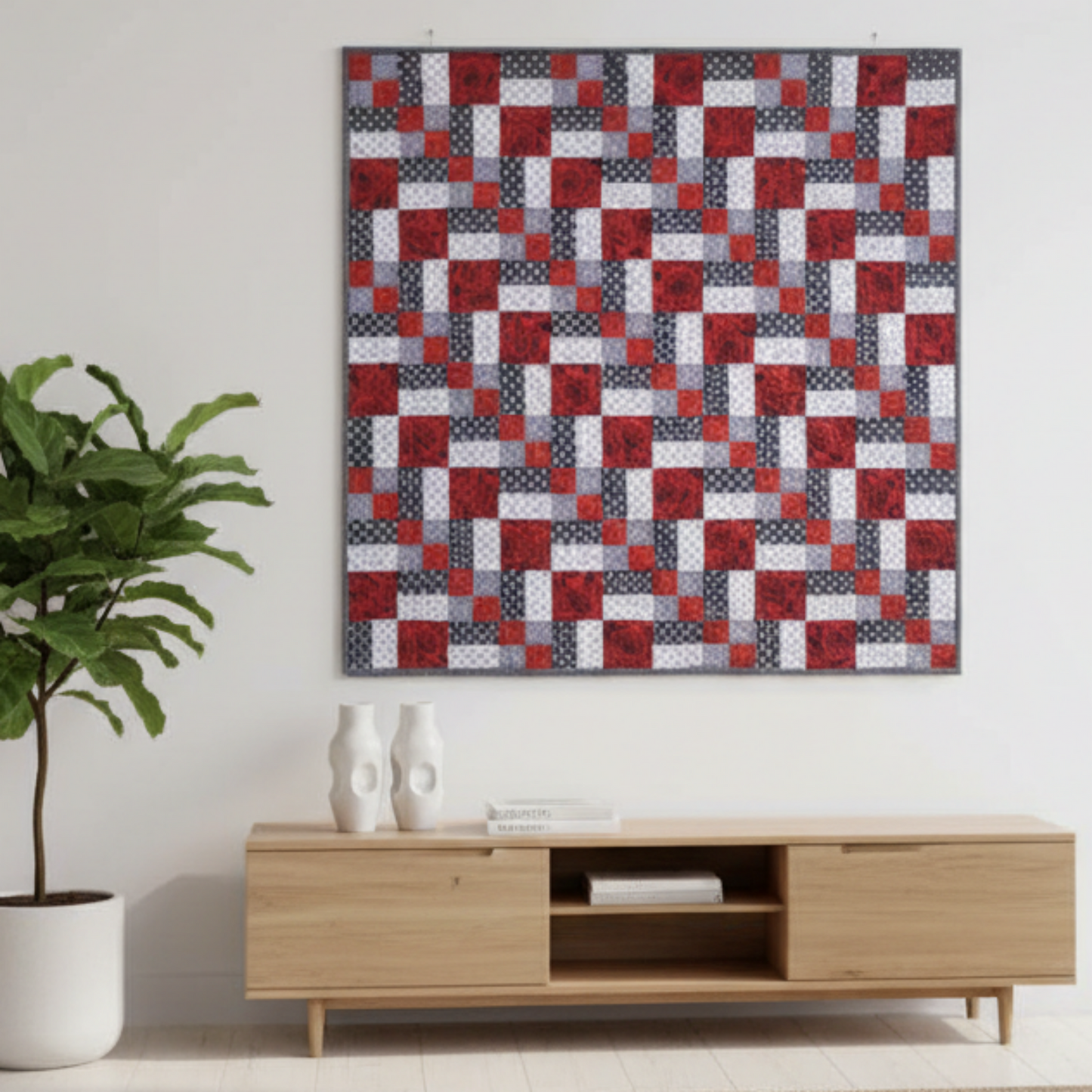 Modern living room with a geometric patterned painting on the wall, a gray sofa, and a wooden cabinet.