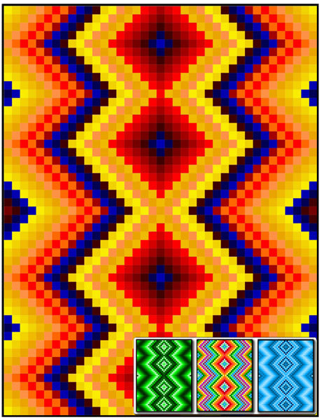 Intricate and colorful zigzag quilt design with a vibrant color palette