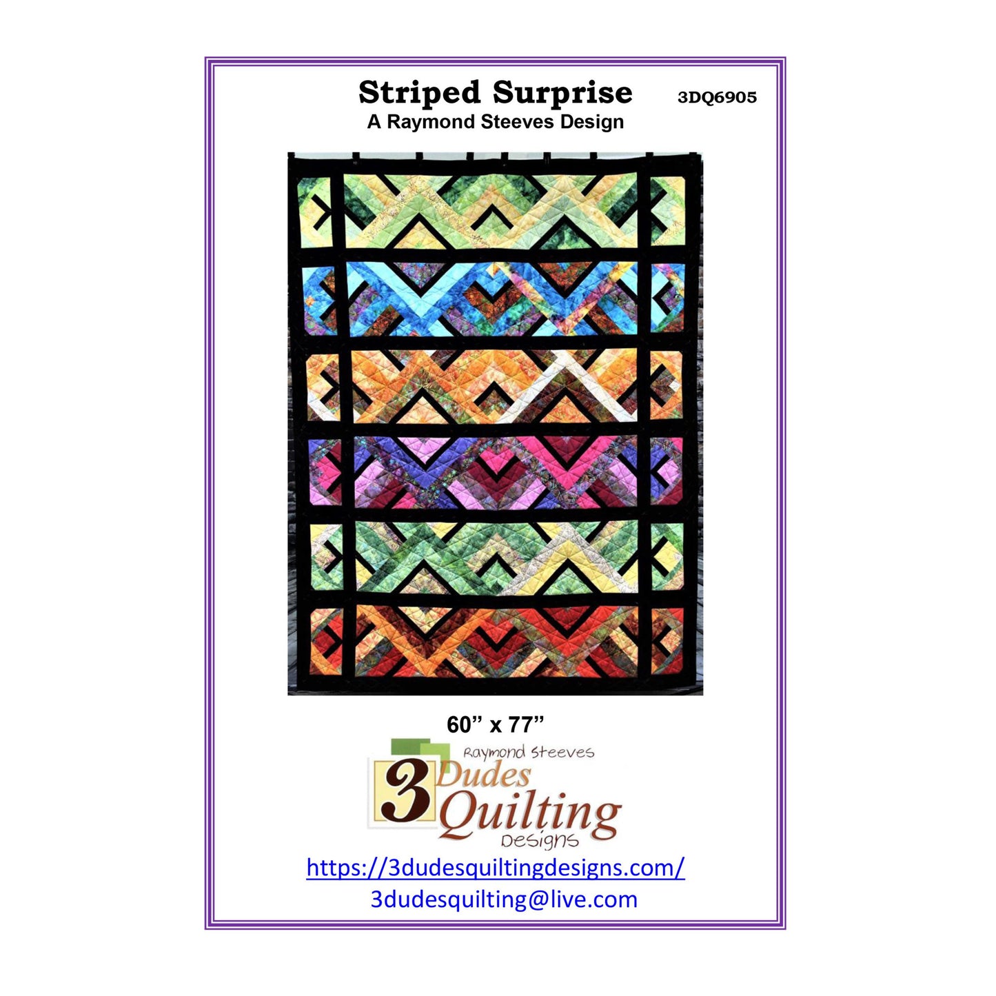 Quilt pattern cover for 'Striped Surprise' by 3 Dudes Quilting Designs with colorful striped design.
