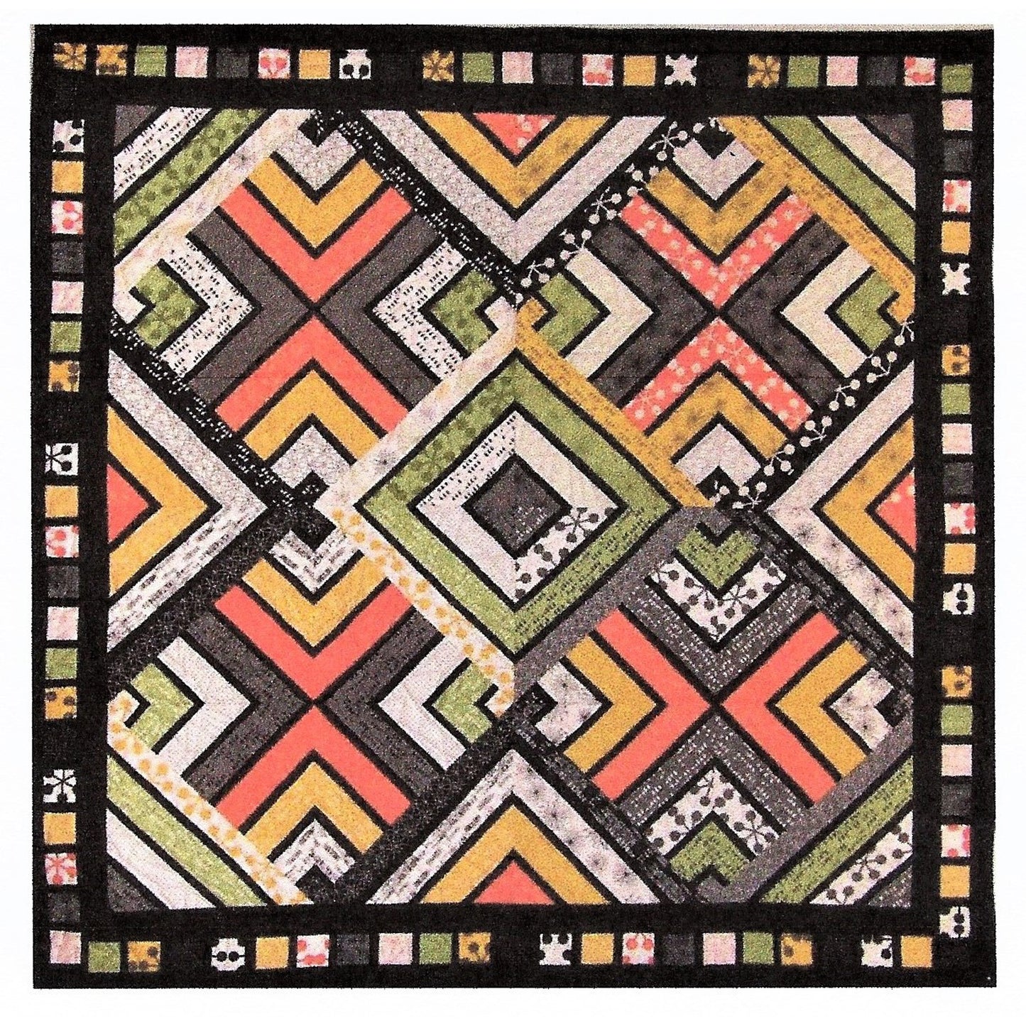 Geometric patterned rug with colorful design on a black background
