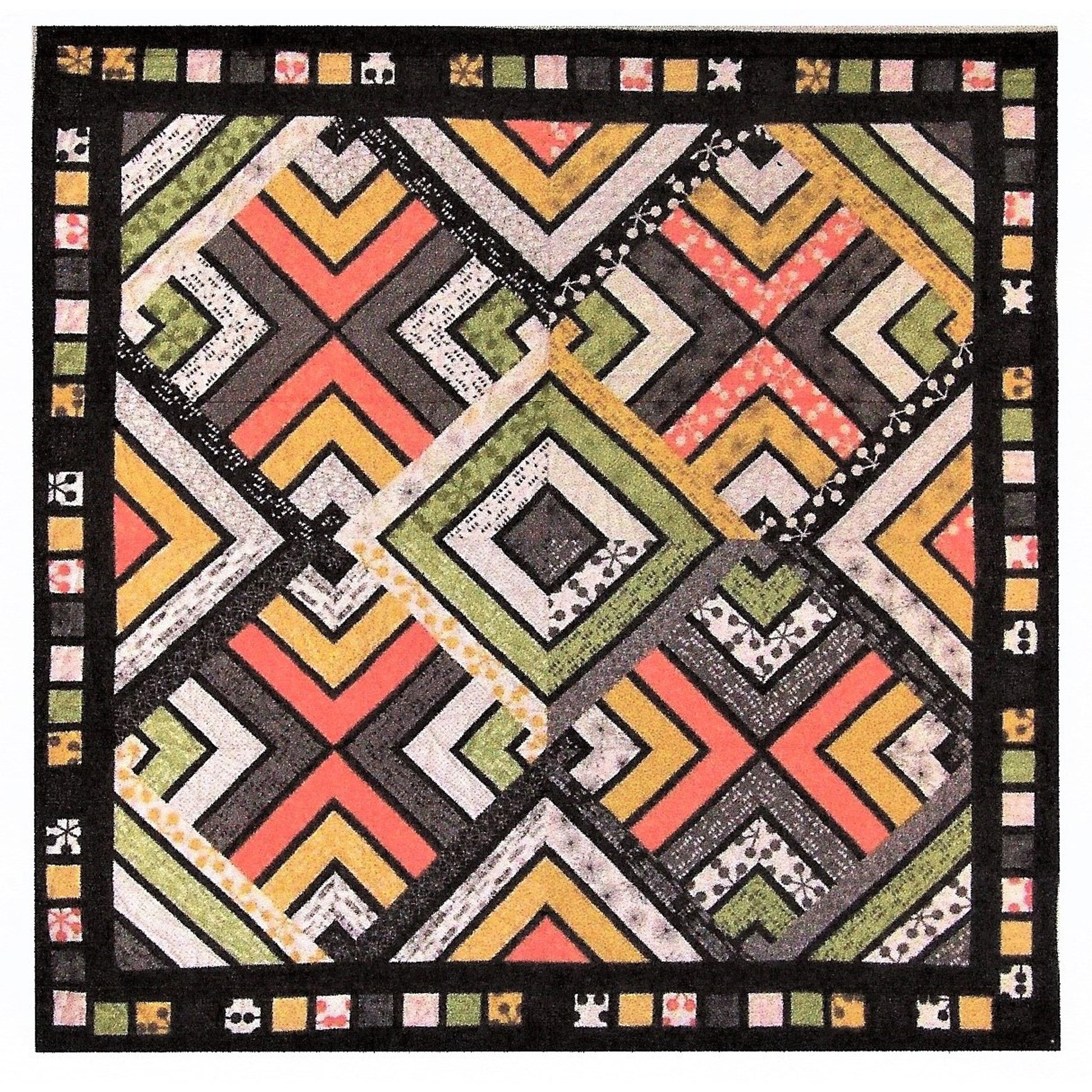 Geometric patterned rug with colorful design on a black background