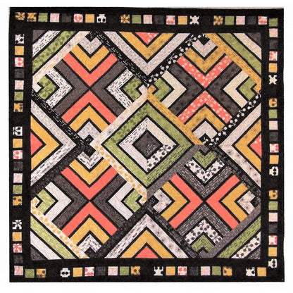 Geometric patterned rug with colorful design on a black background