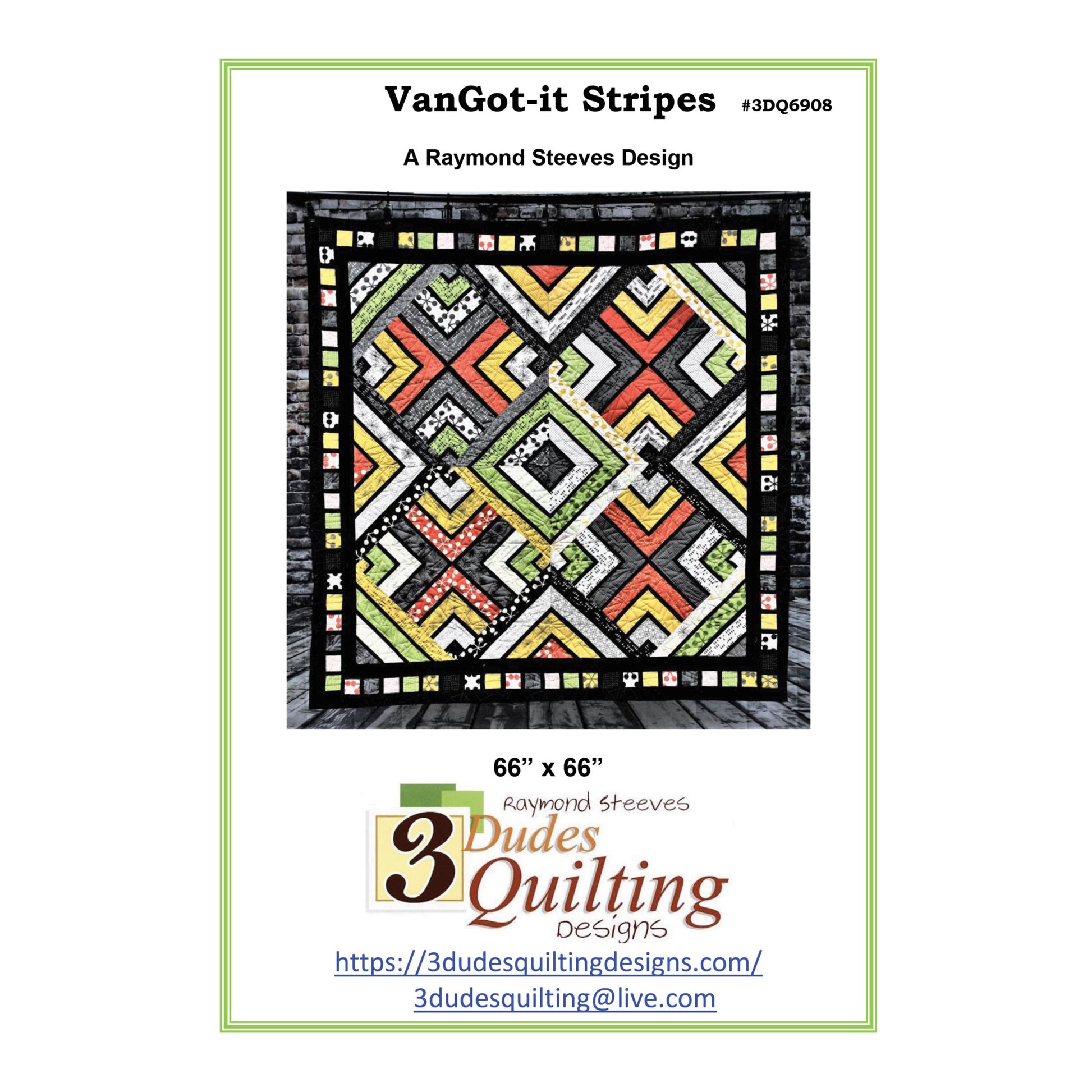 Quilt pattern cover for 'VanGot-it Stripes' by Raymond Steeves, featuring a geometric design.