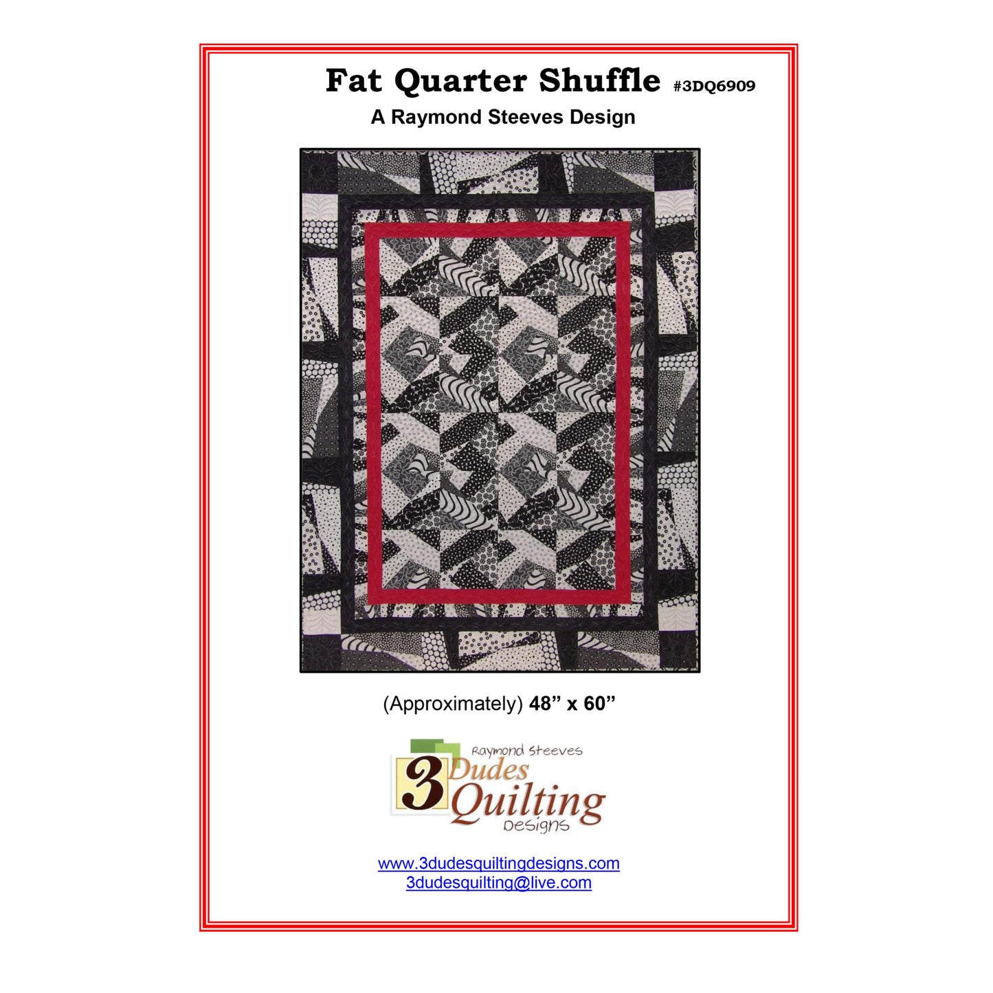 Quilt pattern cover with black and white geometric design, red border, and 3 Dudes Quilting logo.