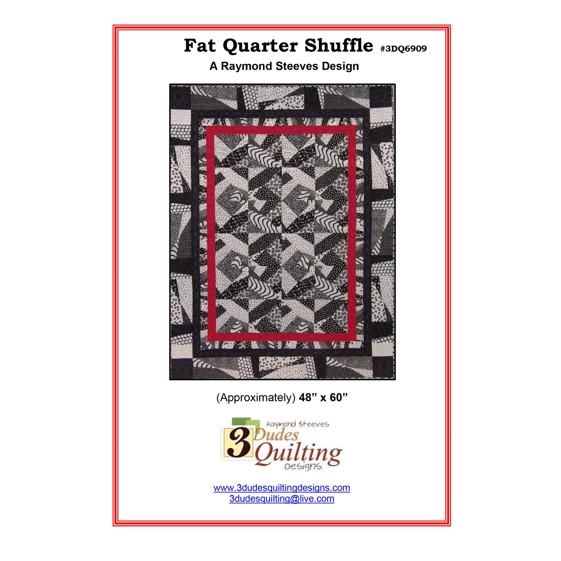 Quilt pattern cover with black and white geometric design, red border, and 3 Dudes Quilting logo.