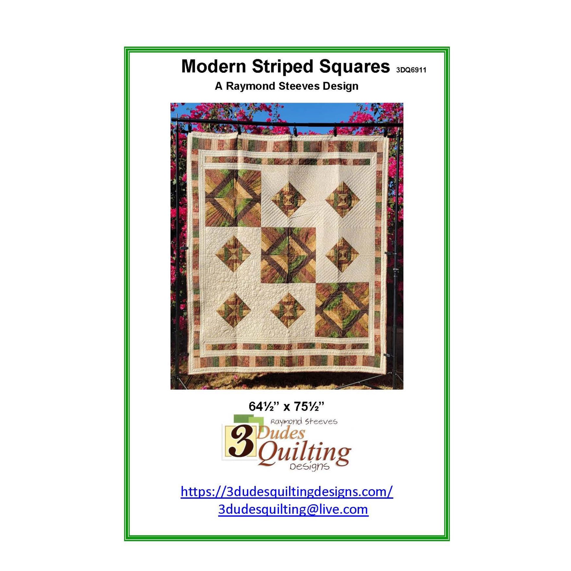 Quilt pattern cover with 'Modern Striped Squares' design by Raywood Sleeves, featuring a quilt with geometric pattern on a white background.